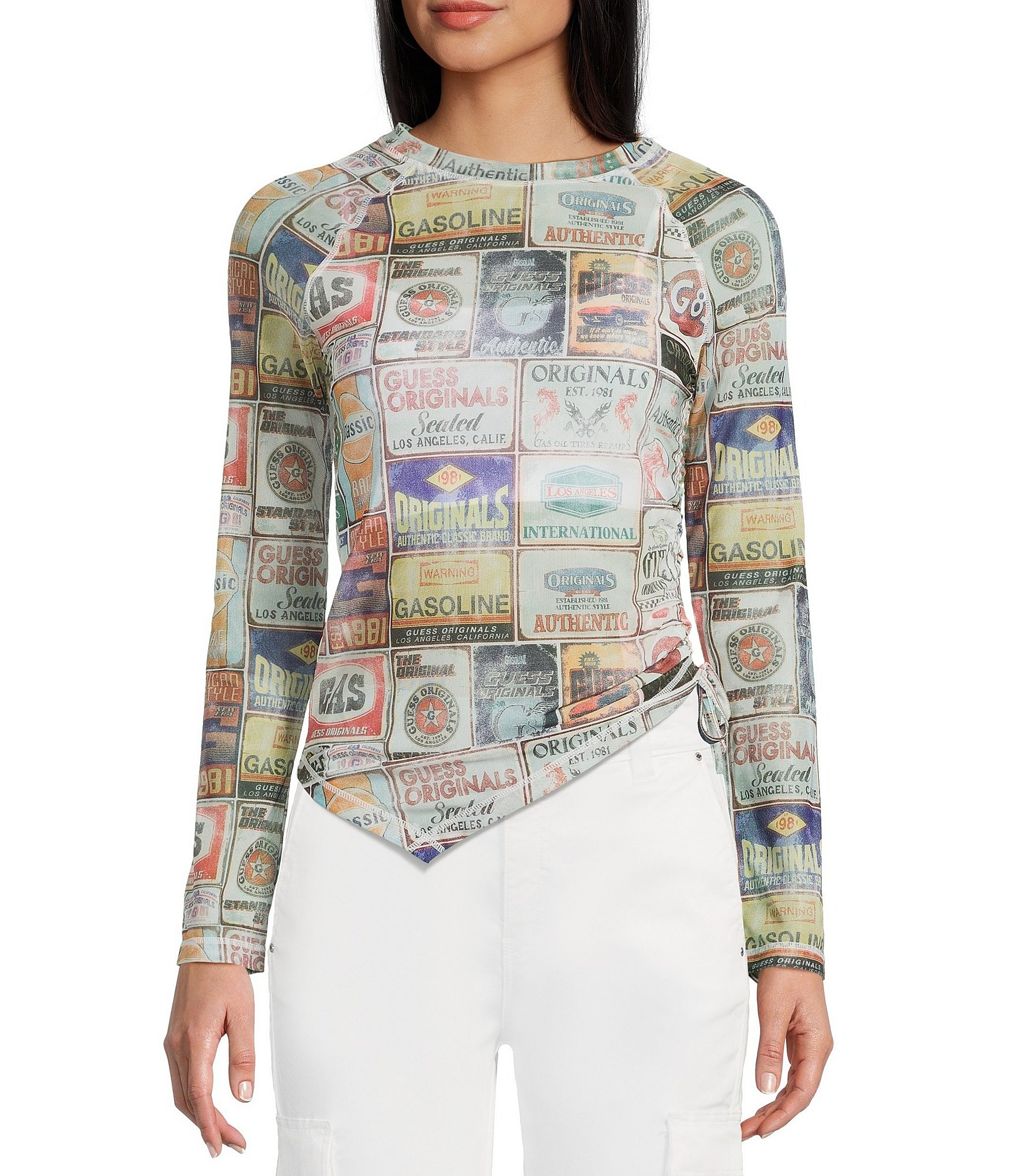 Guess Graphic Pattern Mesh Raglan Sleeve Top | Dillard's