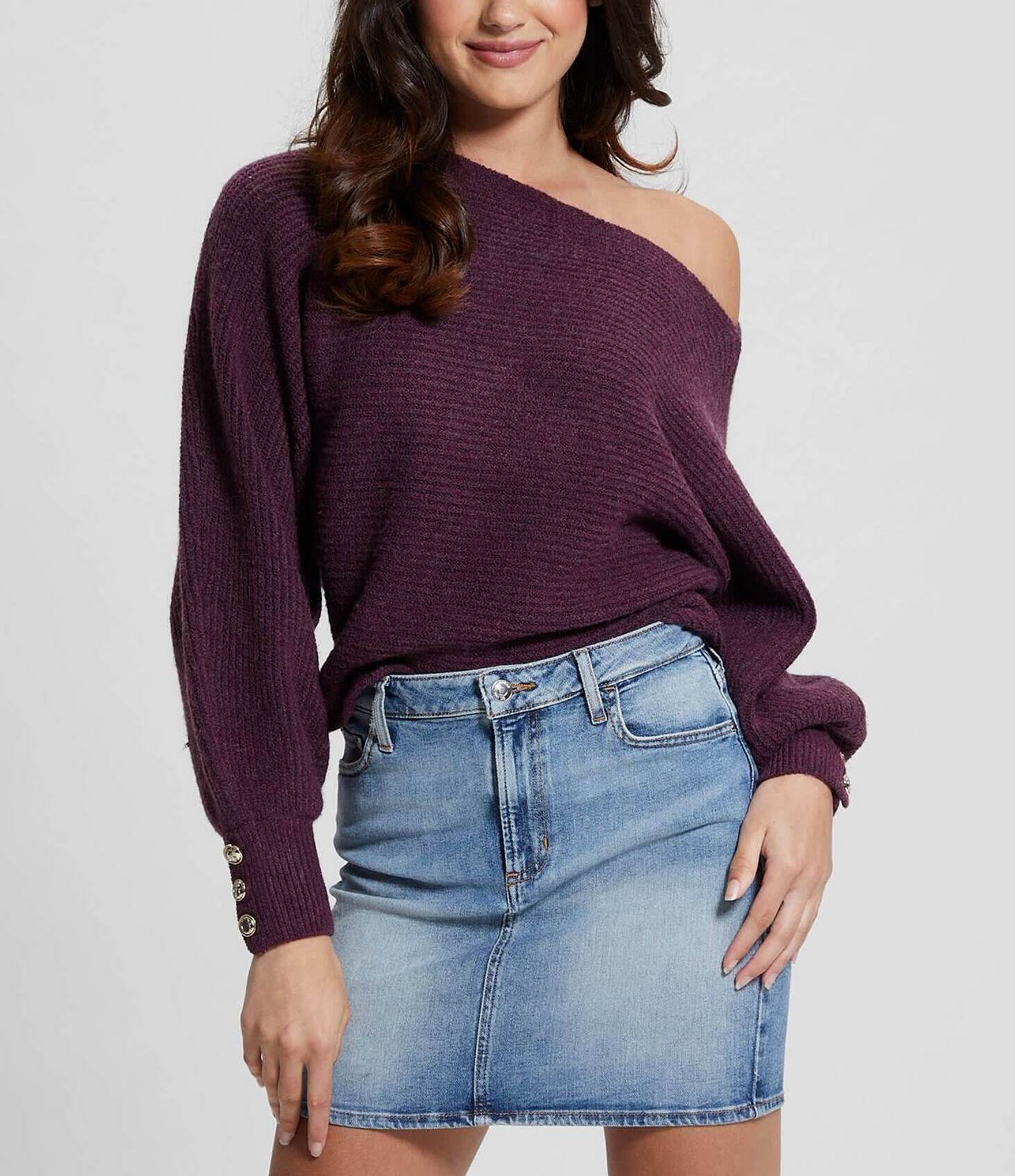 Guess Isadora Off-The-Shoulder Button Cuff Sweater