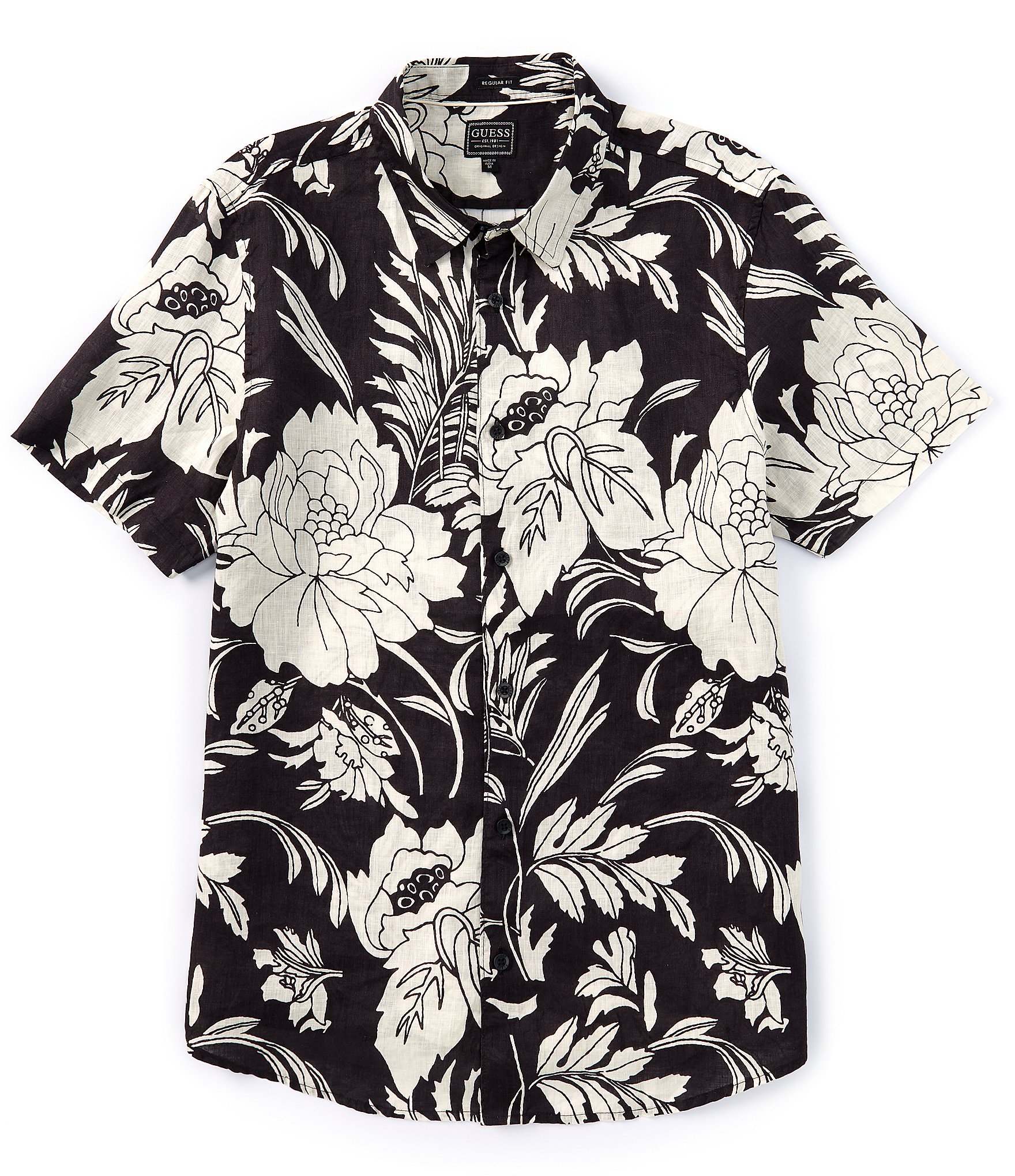 Guess Island Floral Printed Short Sleeve Linen Shirt | Dillard's