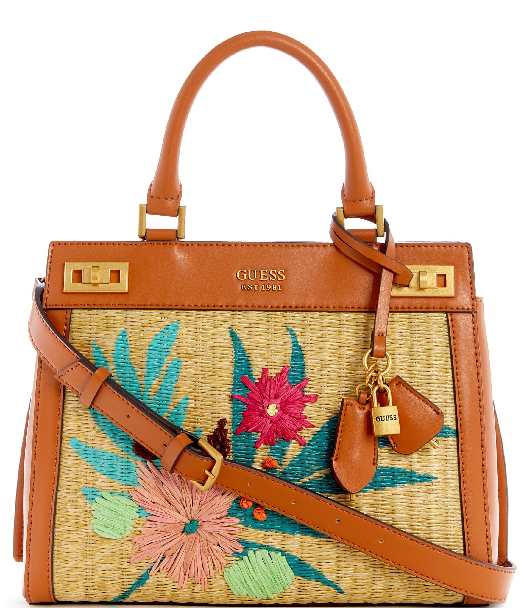 geïrriteerd raken Electrificeren Paar Guess Katey Luxury Straw Tropical Floral Leather Satchel Bag | Dillard's