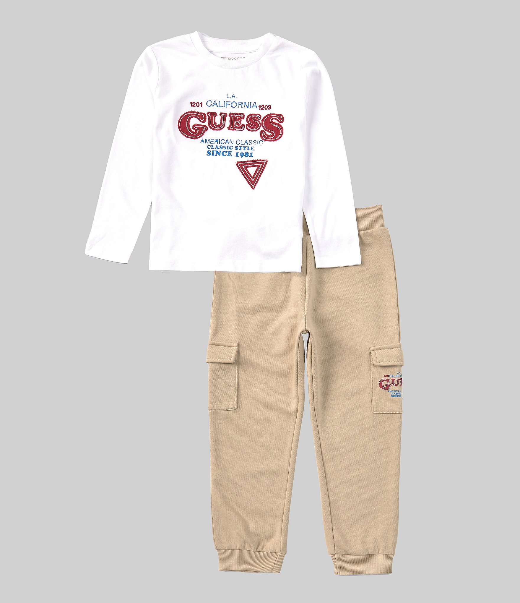 Guess Little Boys 2T-7 Long Sleeve Graphic Guess Pullover T-Shirt & Cargo Pants Set