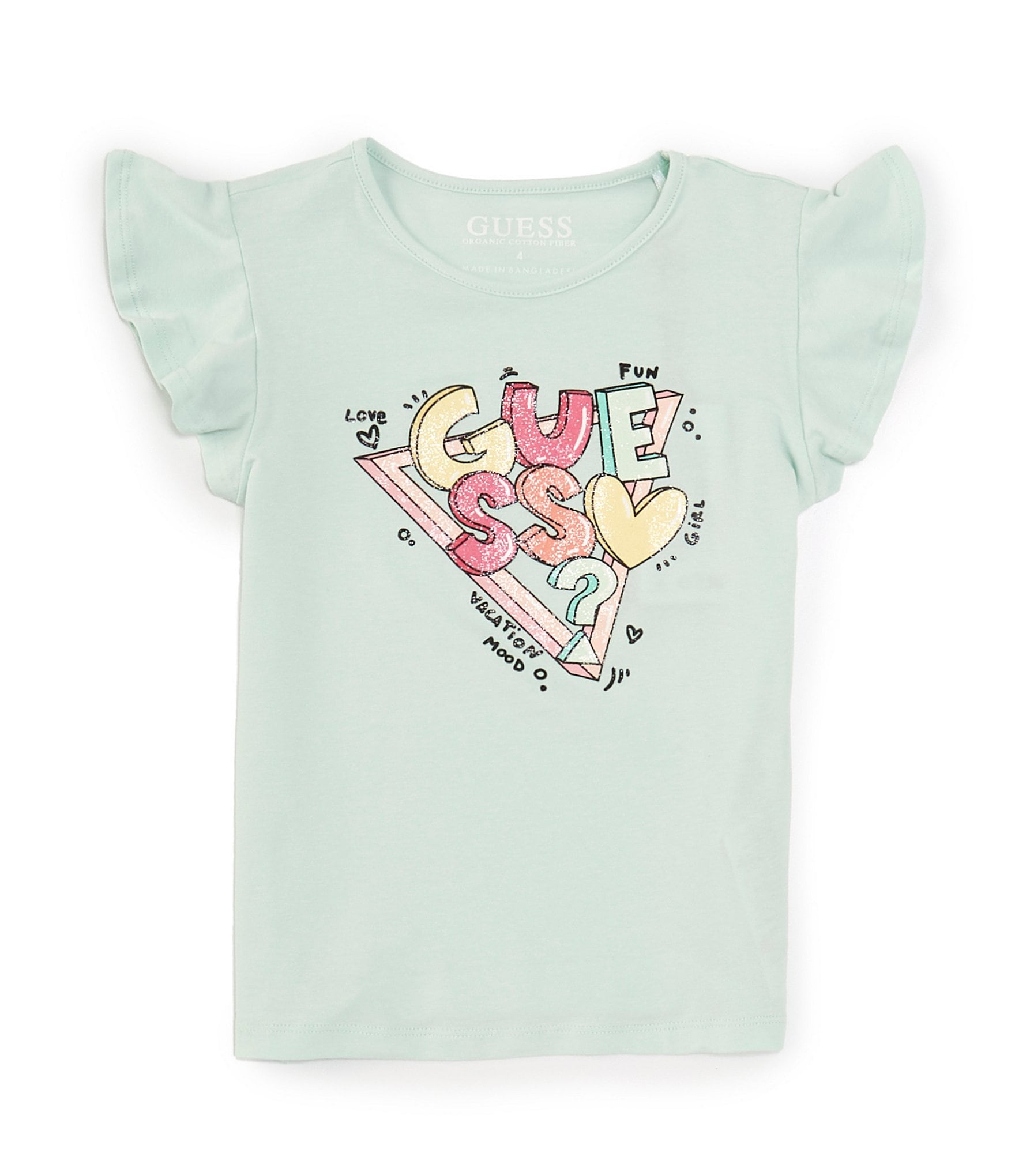 Guess Little Girls 2T-7 Ruffle Sleeve Graphic Guess T-Shirt