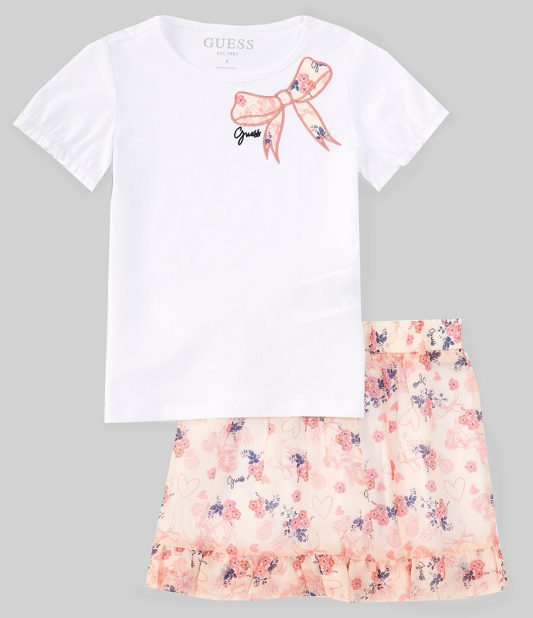 Guess Little Girls 2T-7 Short Ruffle Sleeve T-Shirt & Chiffon Printed Skirt 2-Piece Set