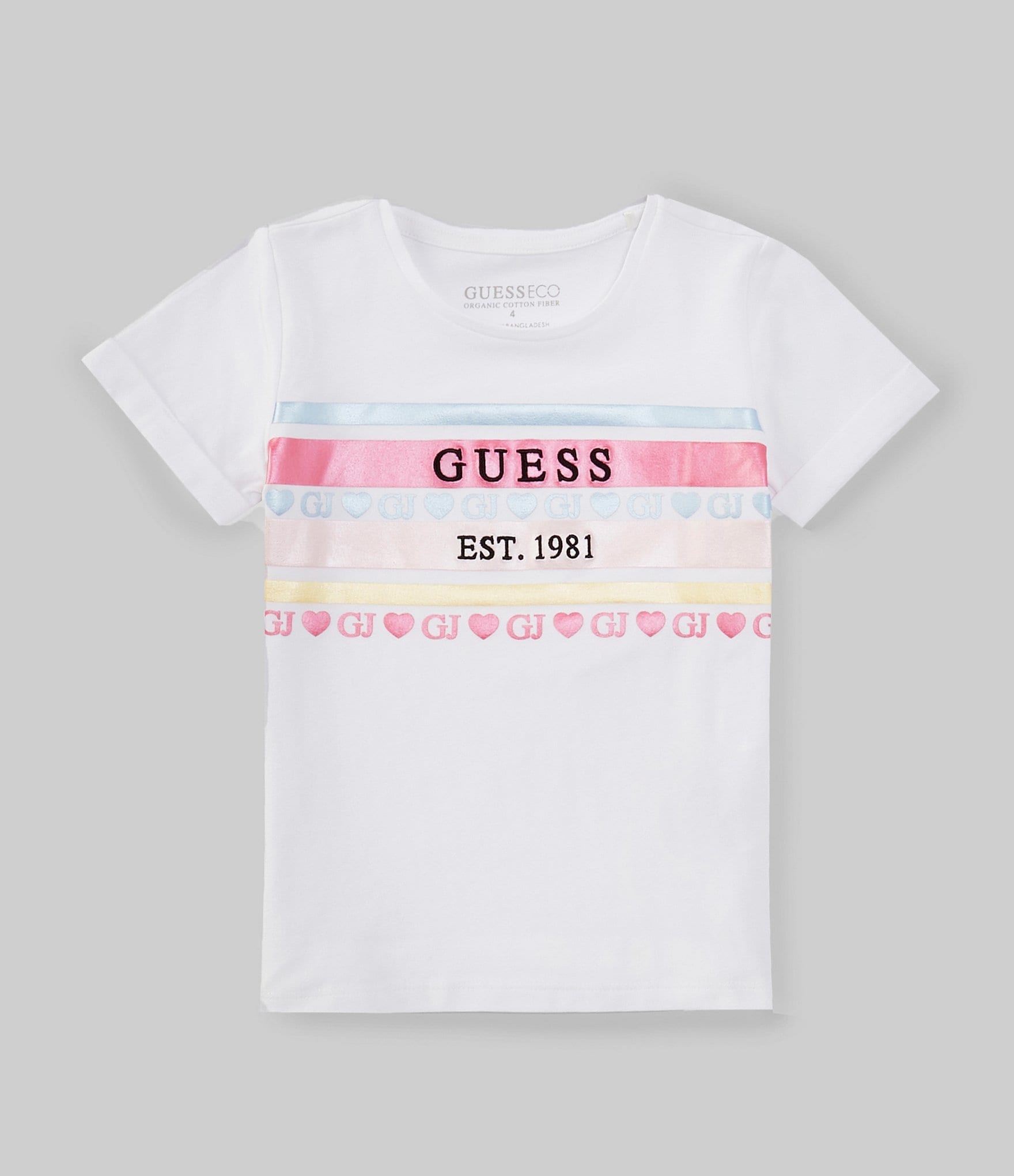 Guess Little Girls 2T-7 Short Sleeve Embroidered Logo Chest Stripe T-Shirt