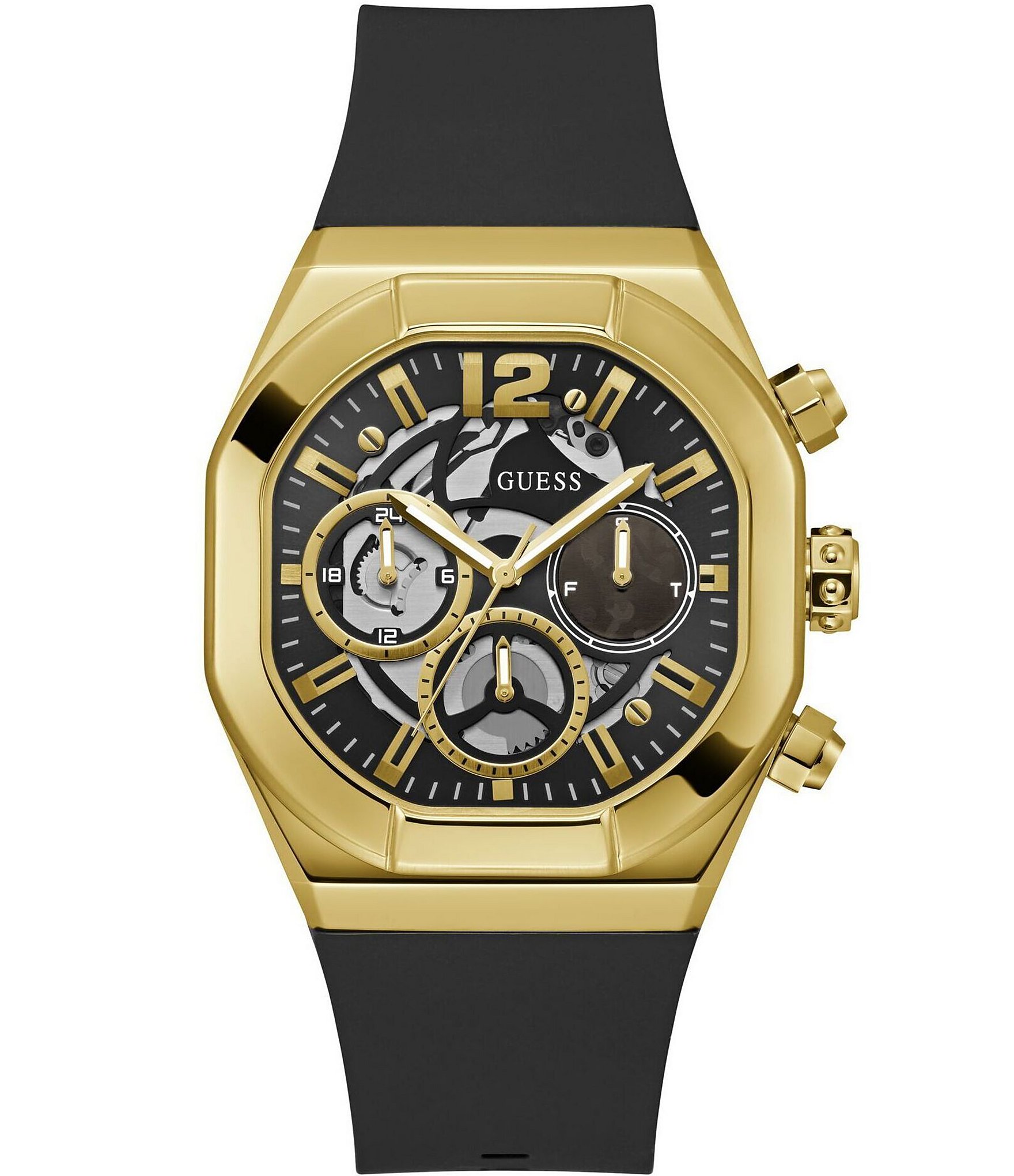 Guess Men's Multifunction Gold Square Case Black Silicone Strap Watch