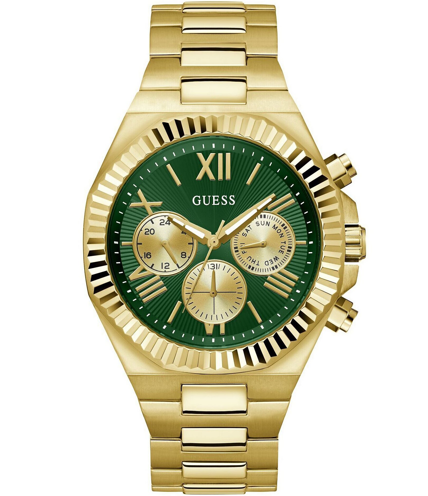 Guess Men's Multifunction Gold Tone Green Dial Stainless Steel Bracelet Watch