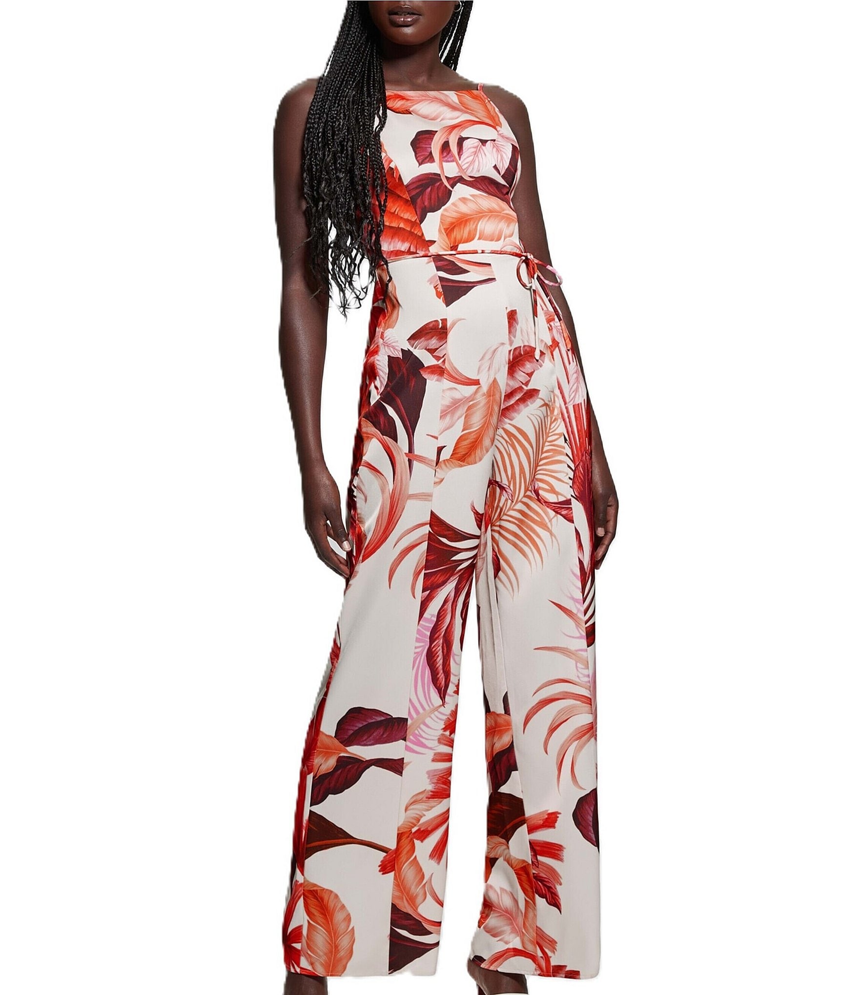 Guess Sana Tropical Printed Sleeveless Satin Jumpsuit