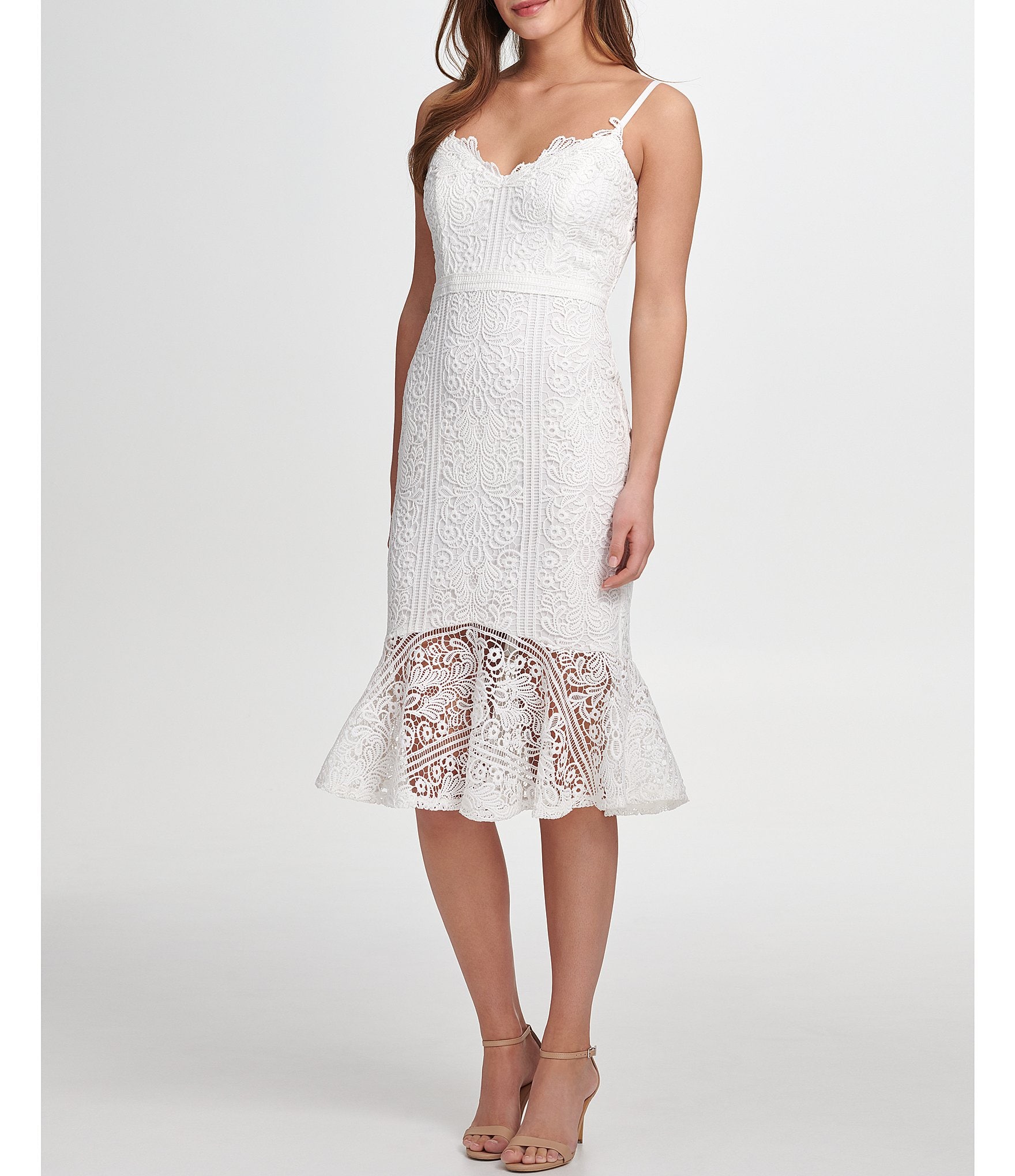 Guess V-Neck Sleeveless Flounce Hem Floral Lace Sheath Dress | Dillard's