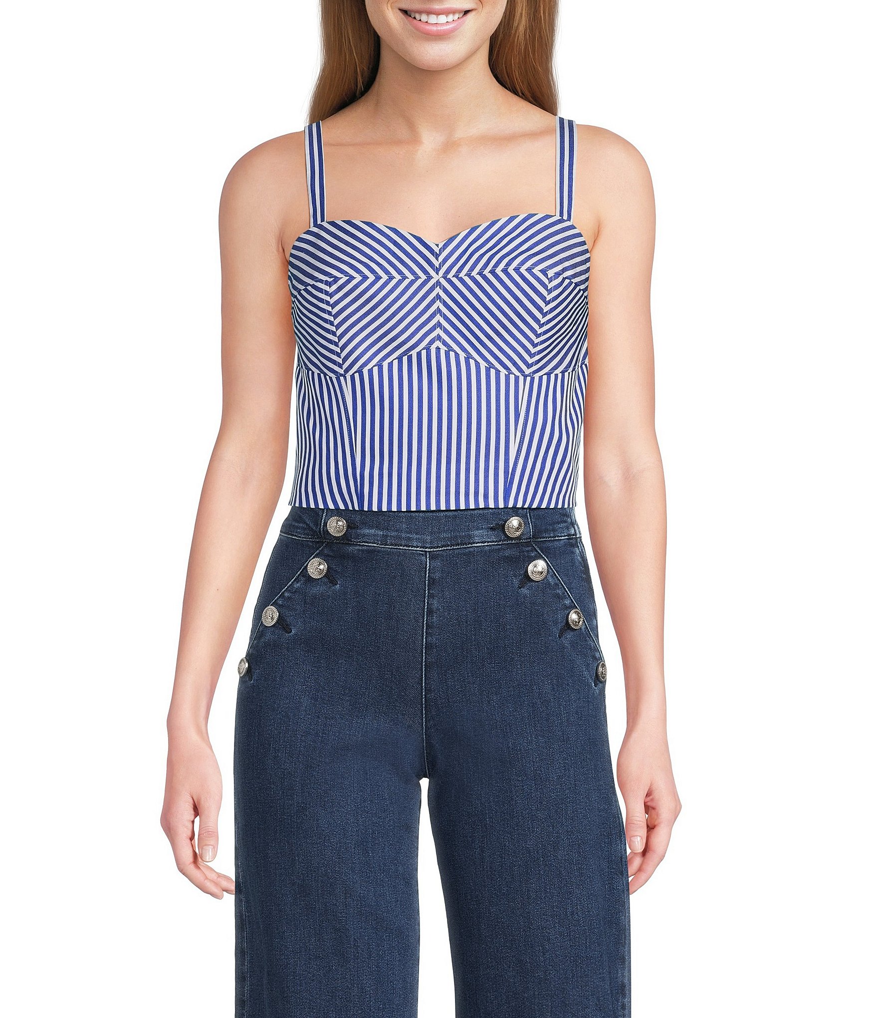 Guess Tecla Sleeveless Mixed-Stripe Poplin Bustier Top