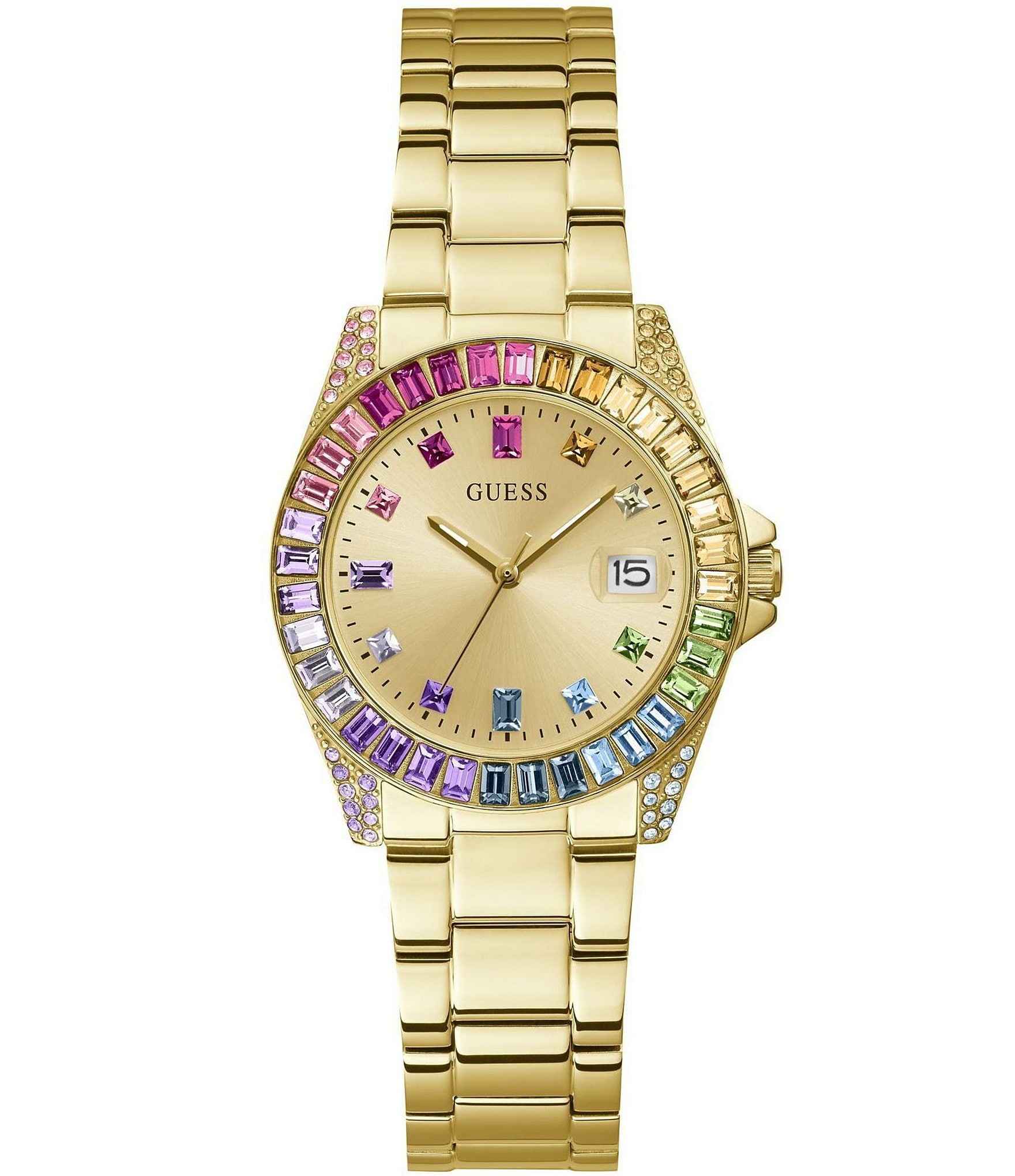 Guess Women's Analog Rainbow Crystal Gold Tone Stainless Steel Bracelet Watch