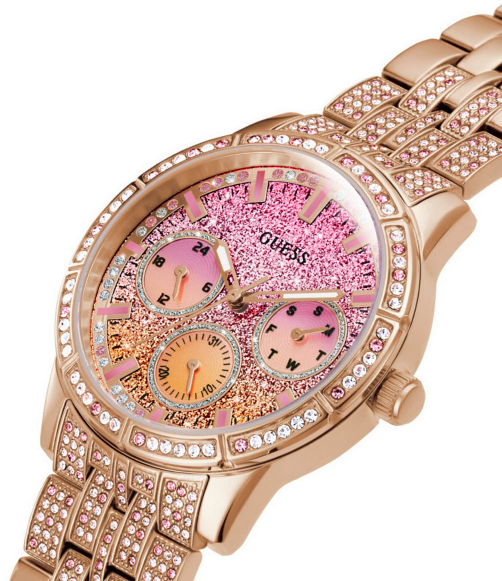 Guess Women's Multifunction Rose Gold Glitz Stainless Steel Bracelet Watch