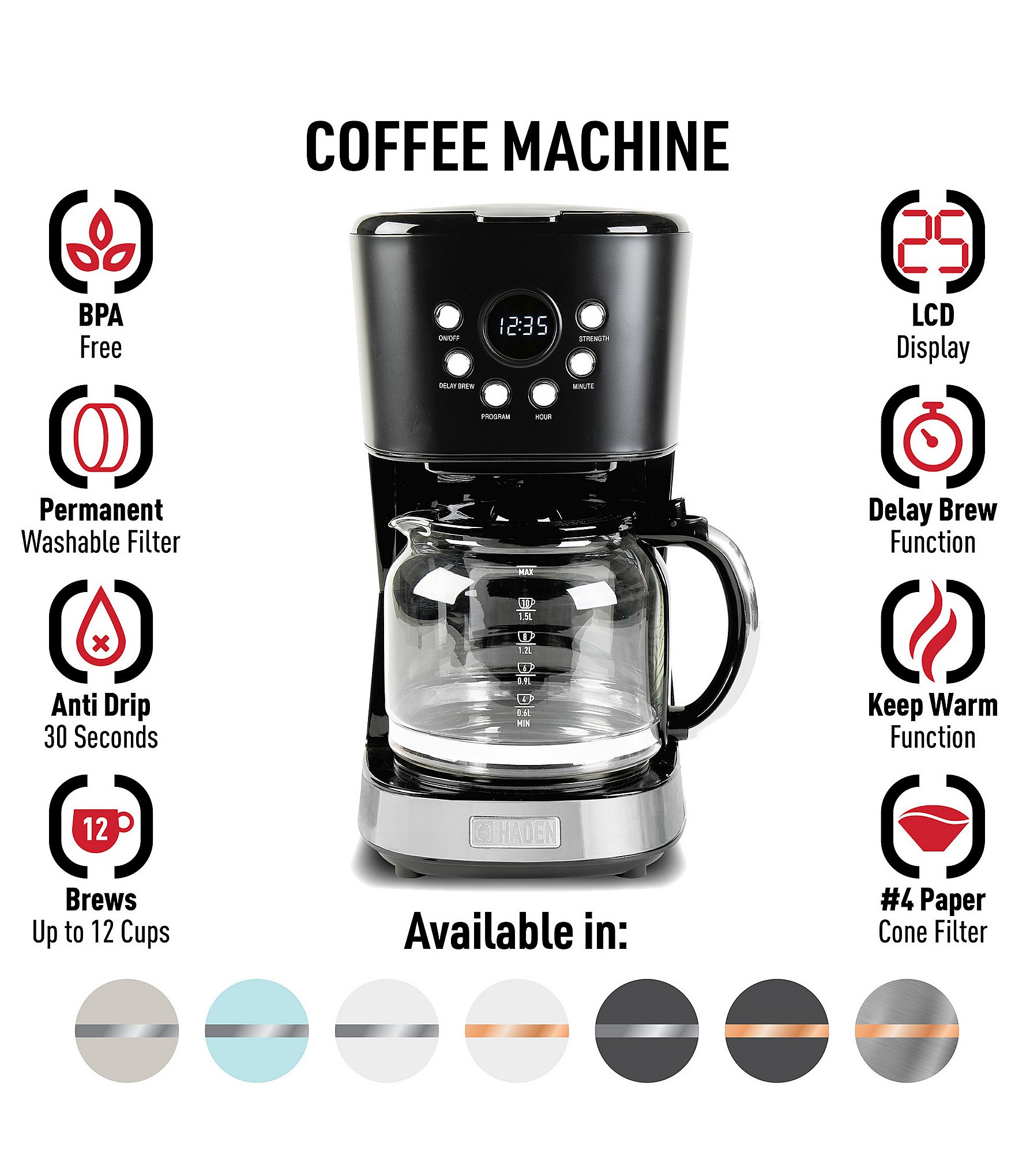 Haden Haden HADEN Drip Coffee Maker 12 Cup Countertop Coffee Machine for Home with Glass Coffee Carafe