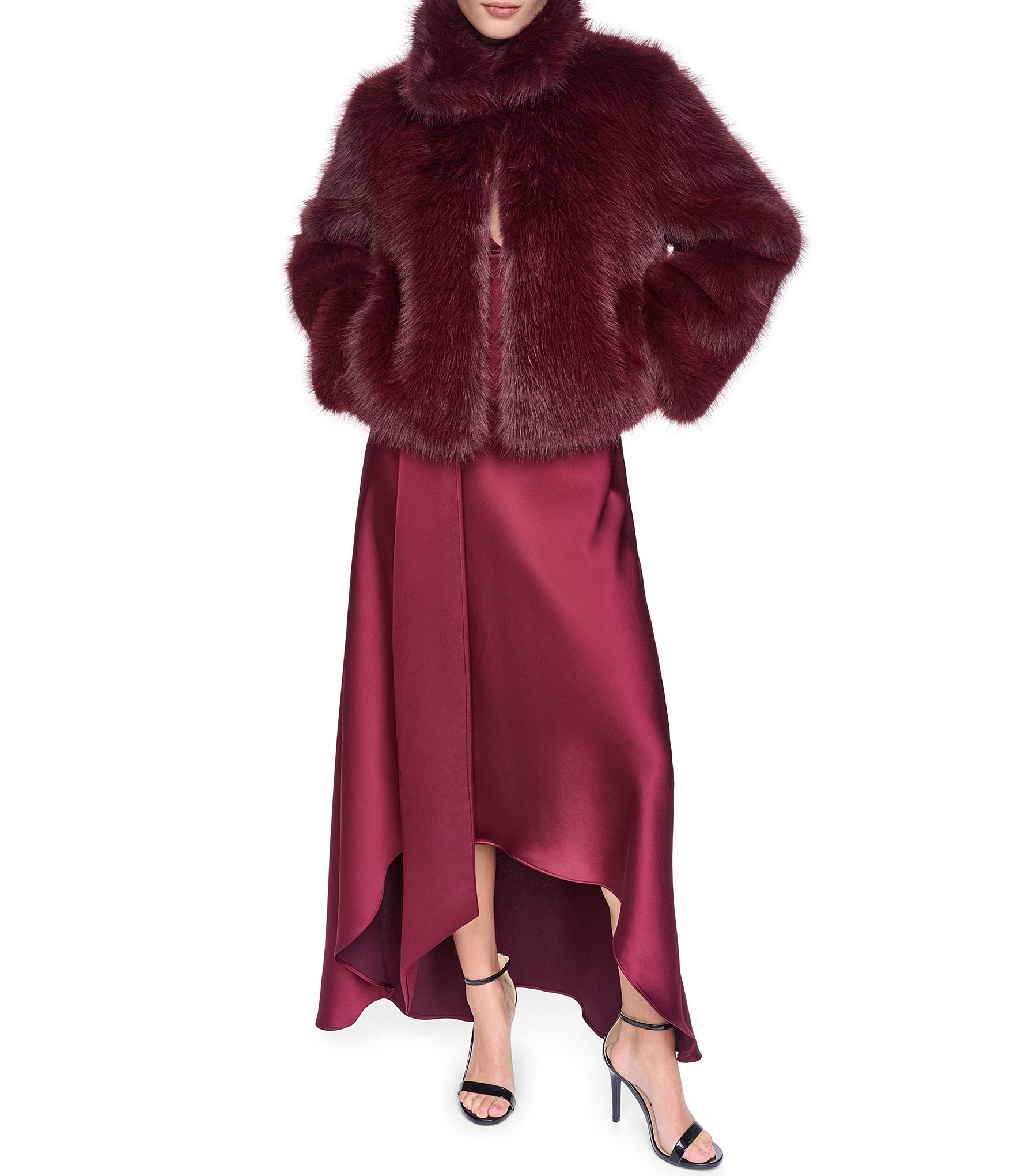 Halston Faux Fur Notch Collar Cropped Jacket