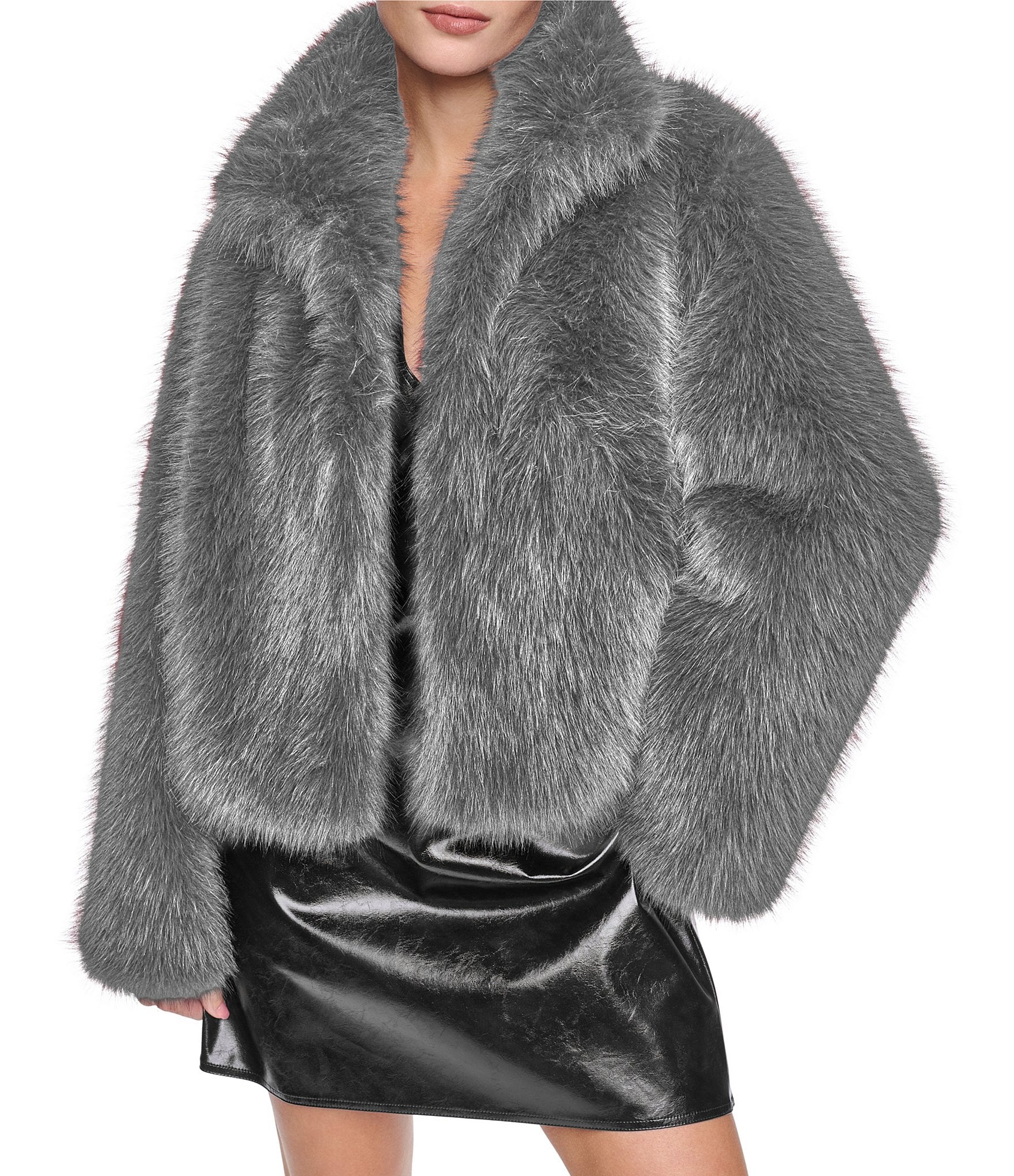 Halston Faux Fur Notch Collar Cropped Jacket