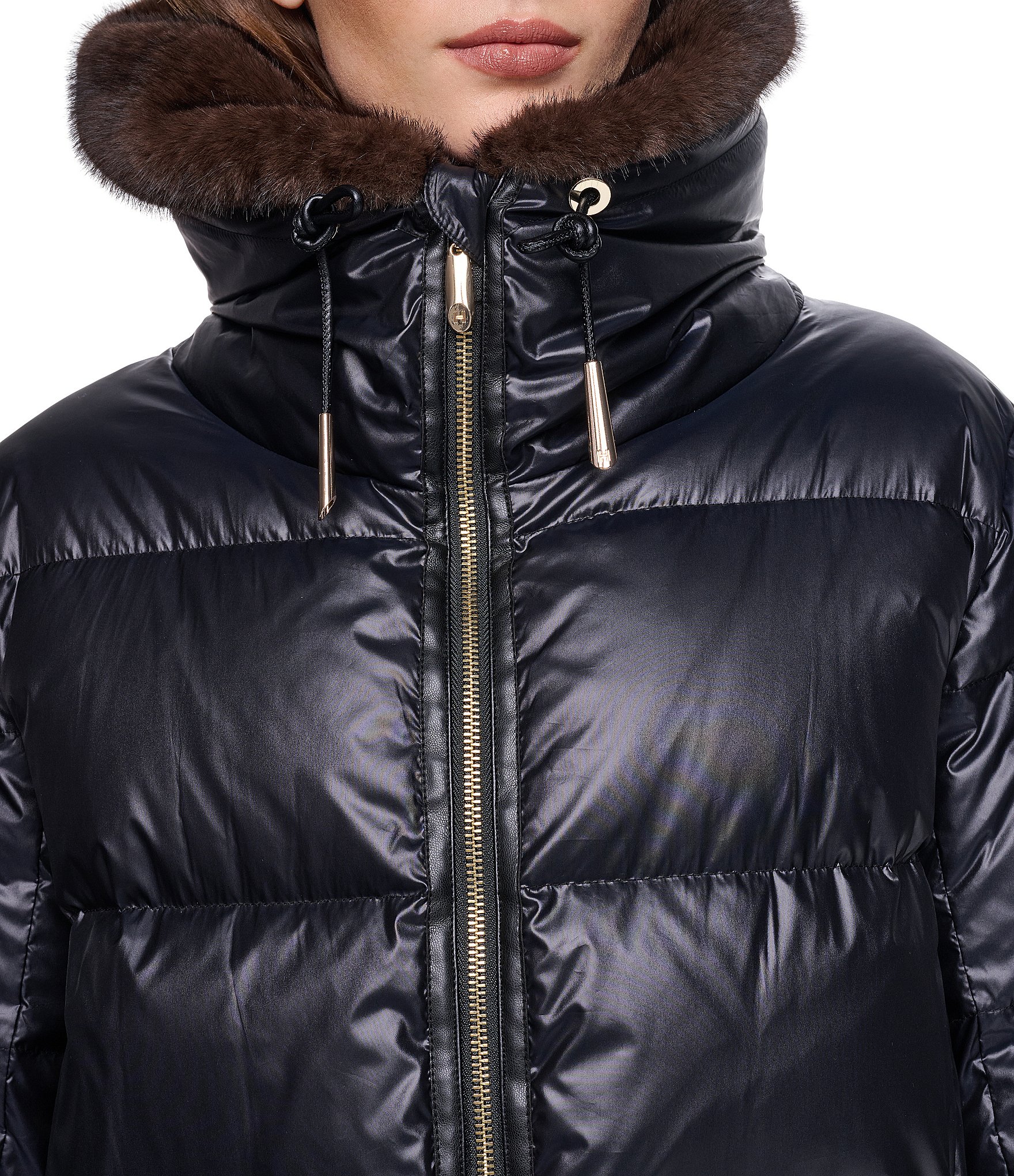 Halston Faux Fur Notch Collar Zip Front Down Jacket
