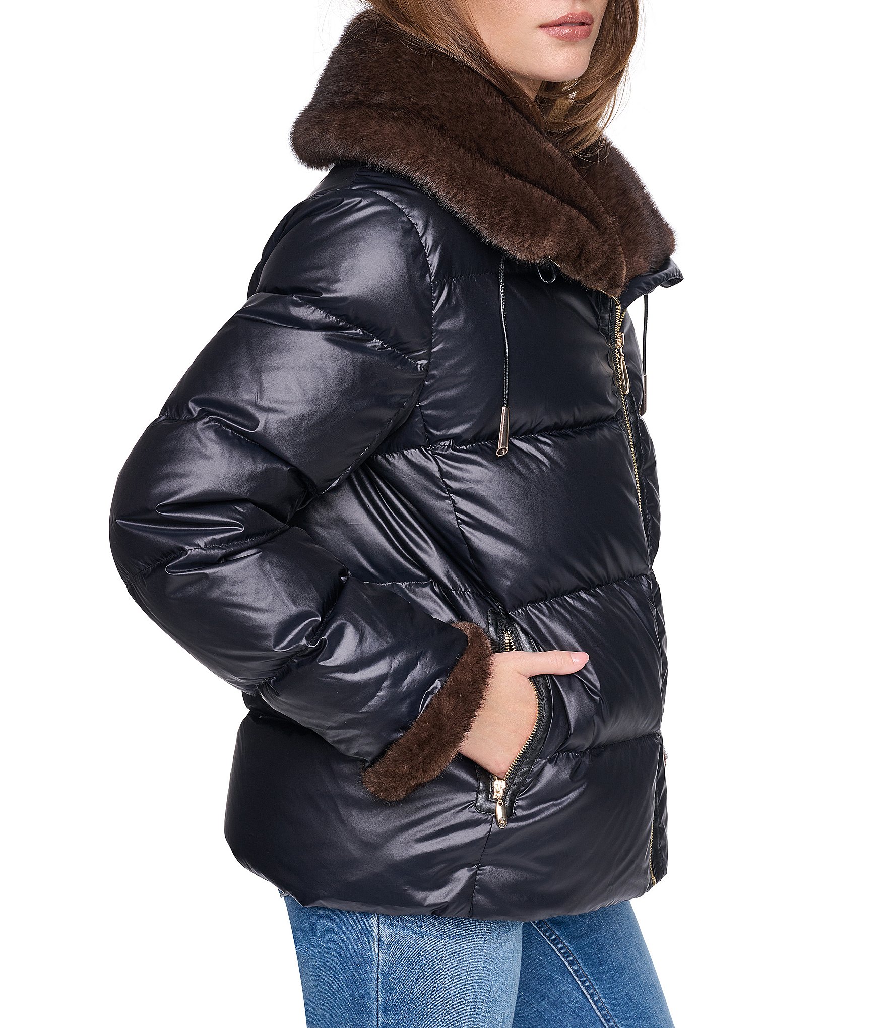 Halston Faux Fur Notch Collar Zip Front Down Puffer Jacket