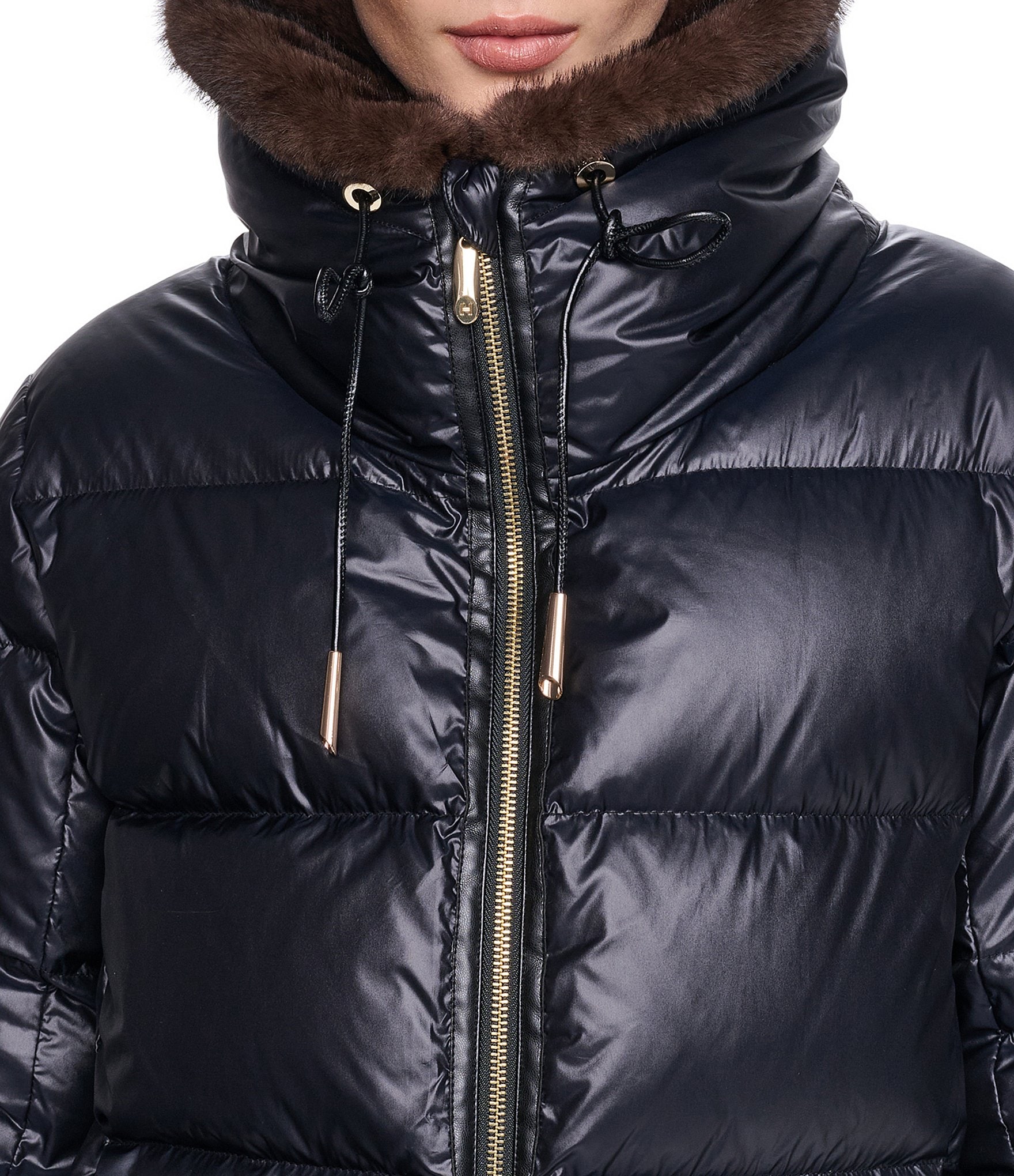Halston Faux Fur Notch Collar Zip Front Down Puffer Jacket