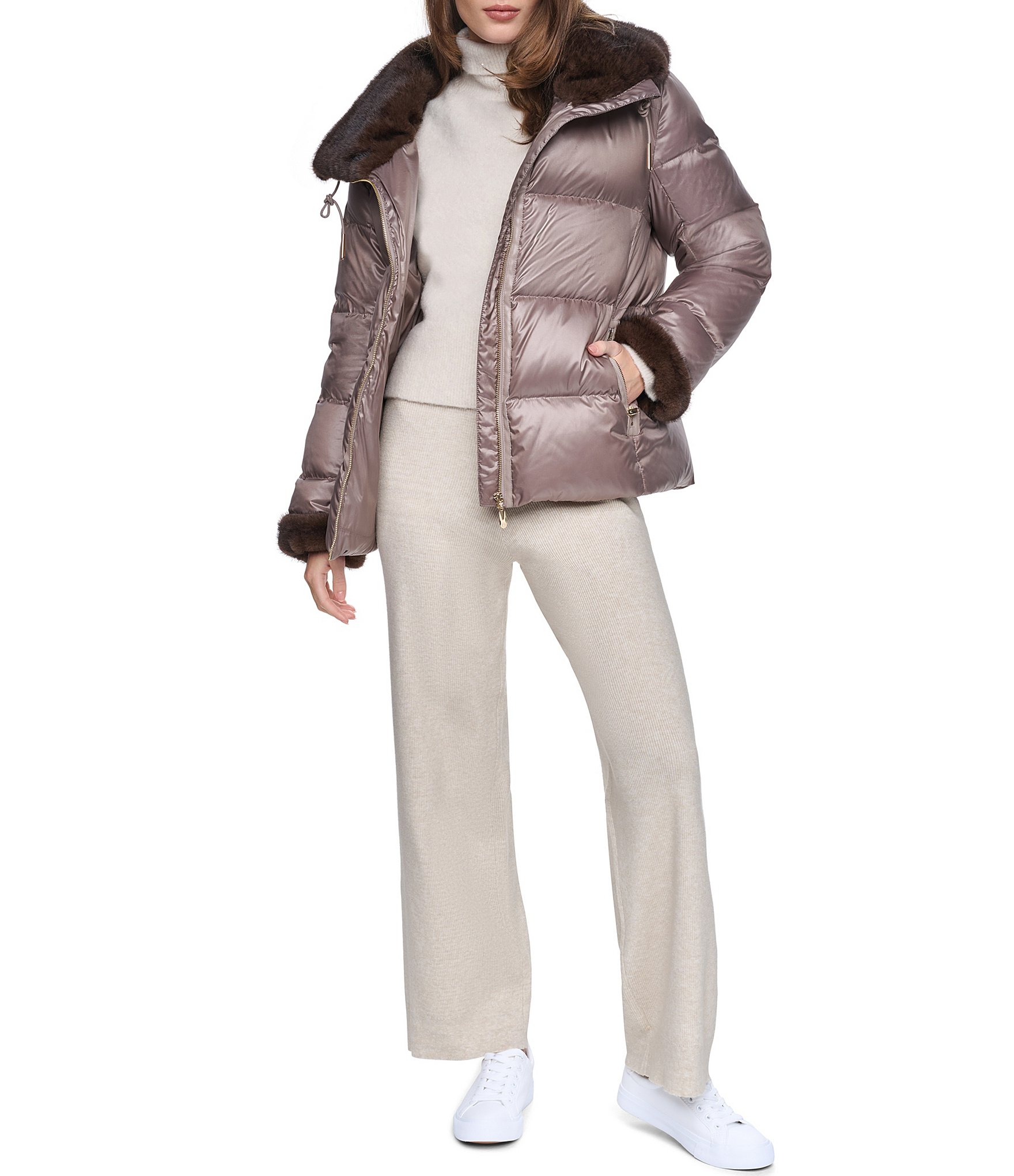 Halston Faux Fur Notch Collar Zip Front Down Puffer Jacket