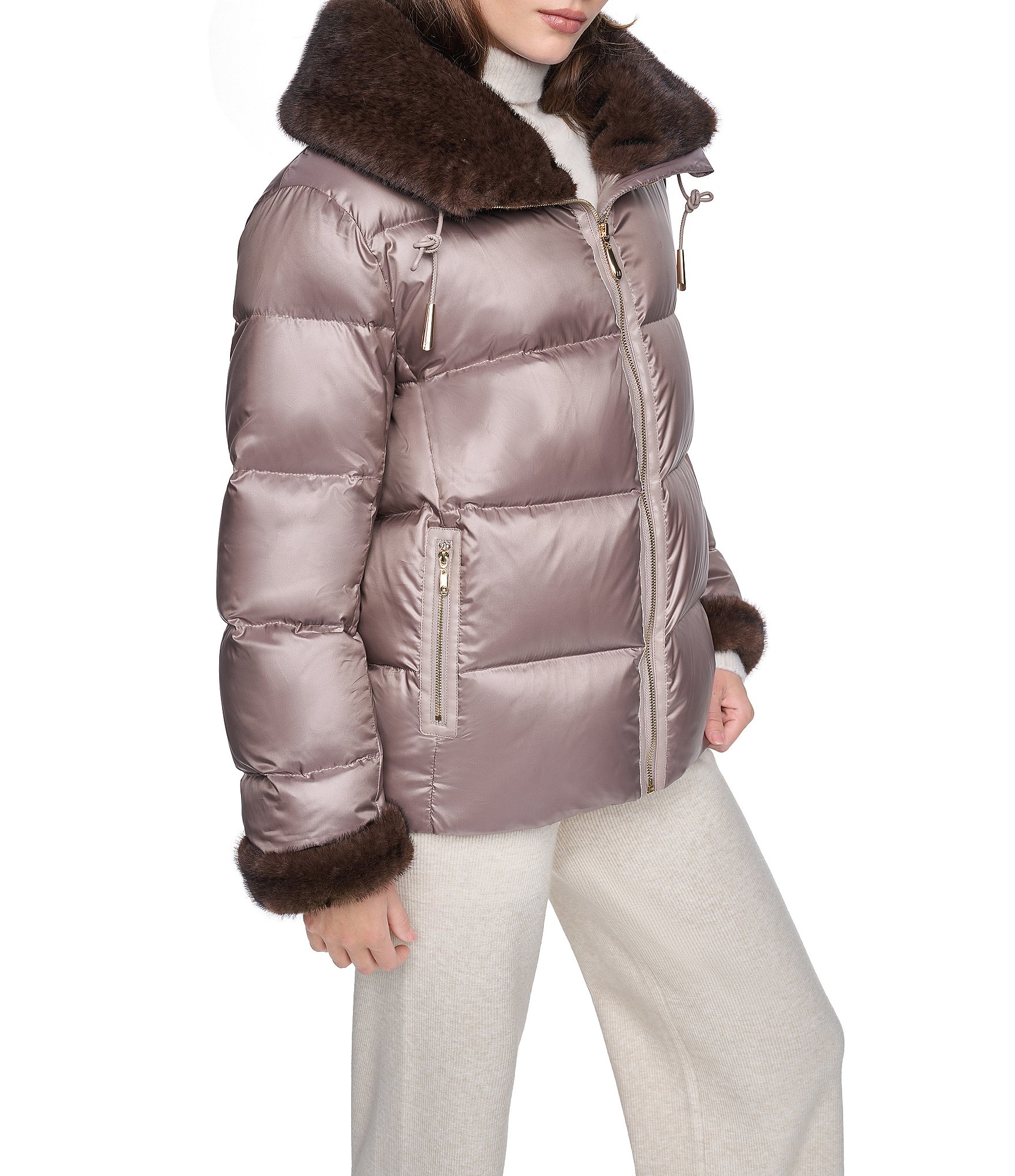 Halston Faux Fur Notch Collar Zip Front Down Puffer Jacket