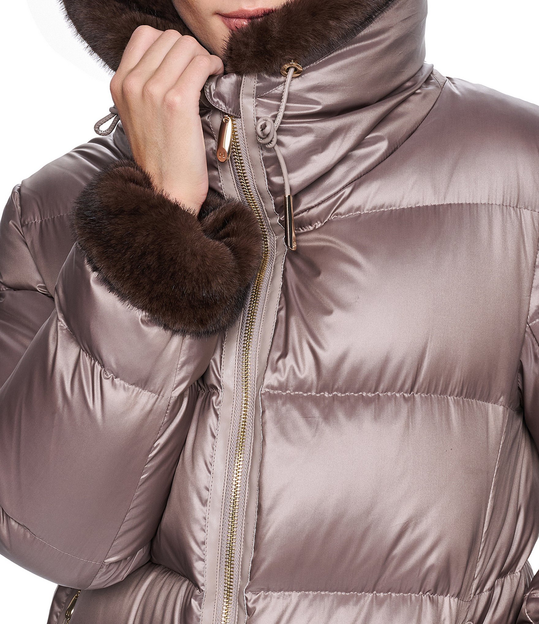 Halston Faux Fur Notch Collar Zip Front Down Puffer Jacket