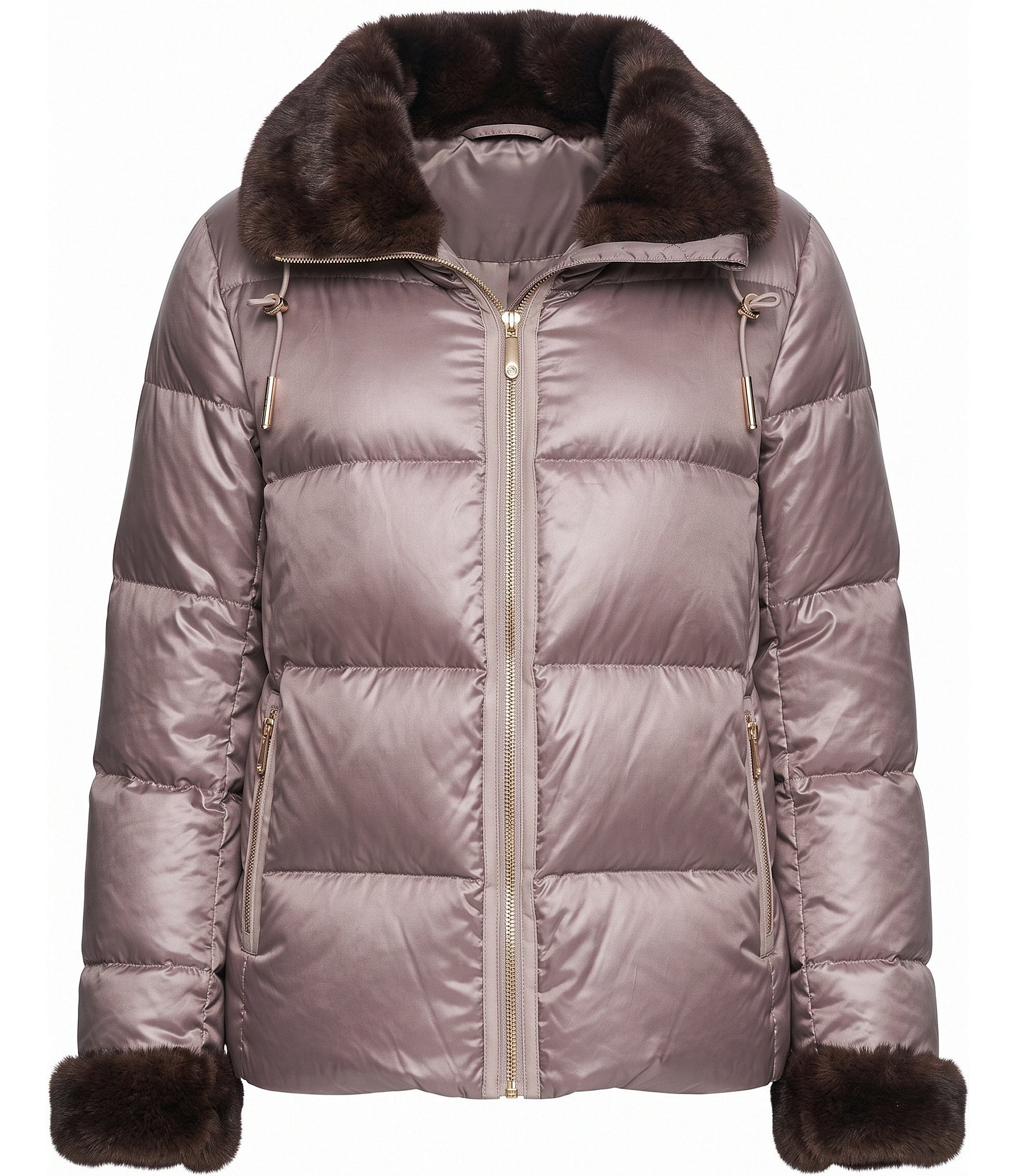 Halston Faux Fur Notch Collar Zip Front Down Puffer Jacket