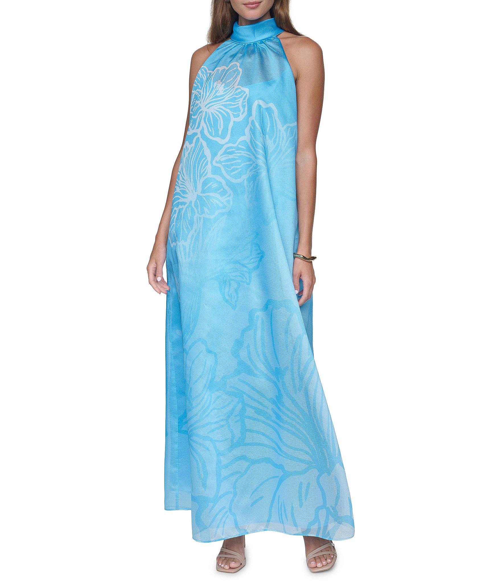 Halston Organza Floral Printed Bow Back Maxi Dress