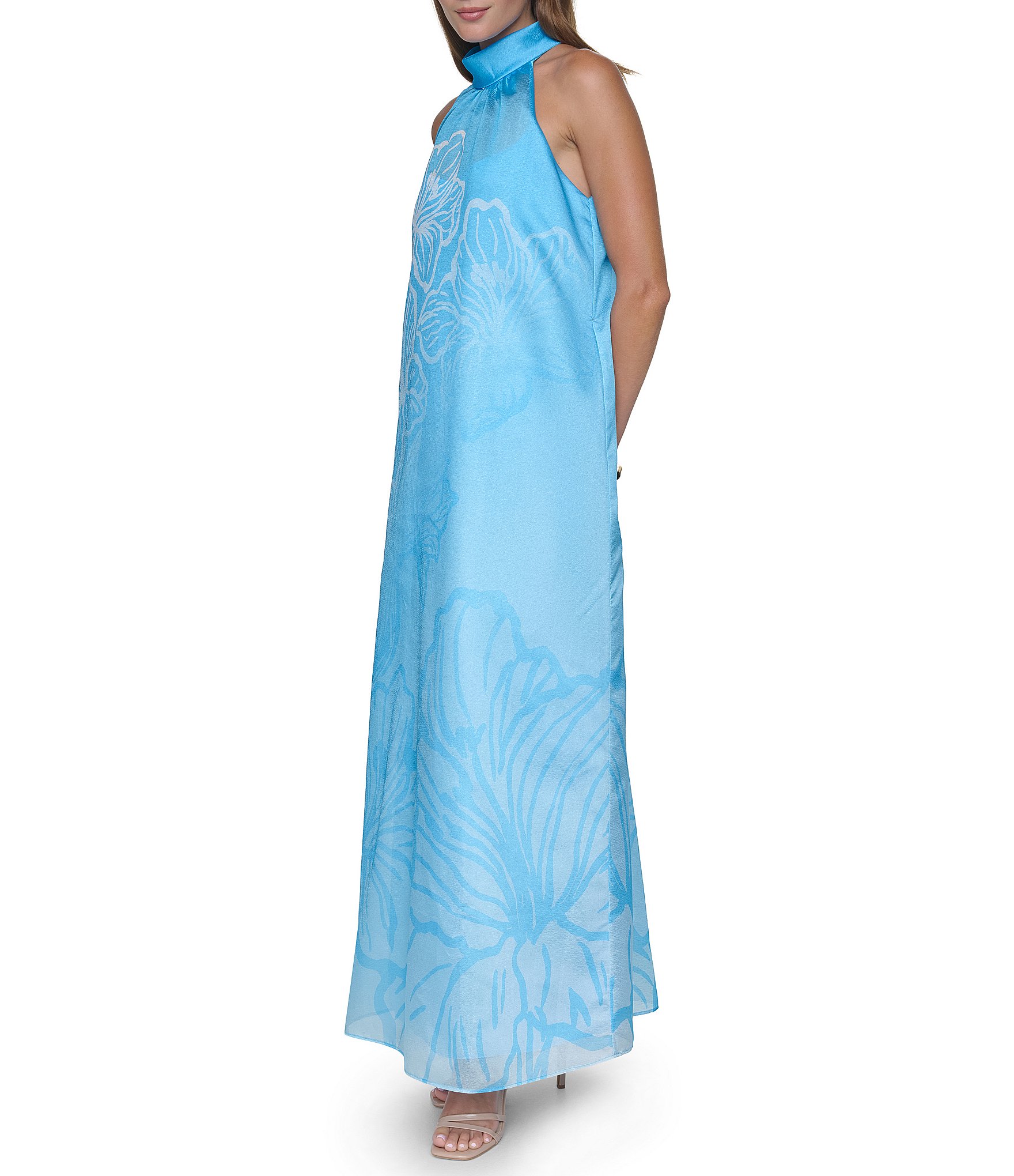 Halston Organza Floral Printed Bow Back Maxi Dress