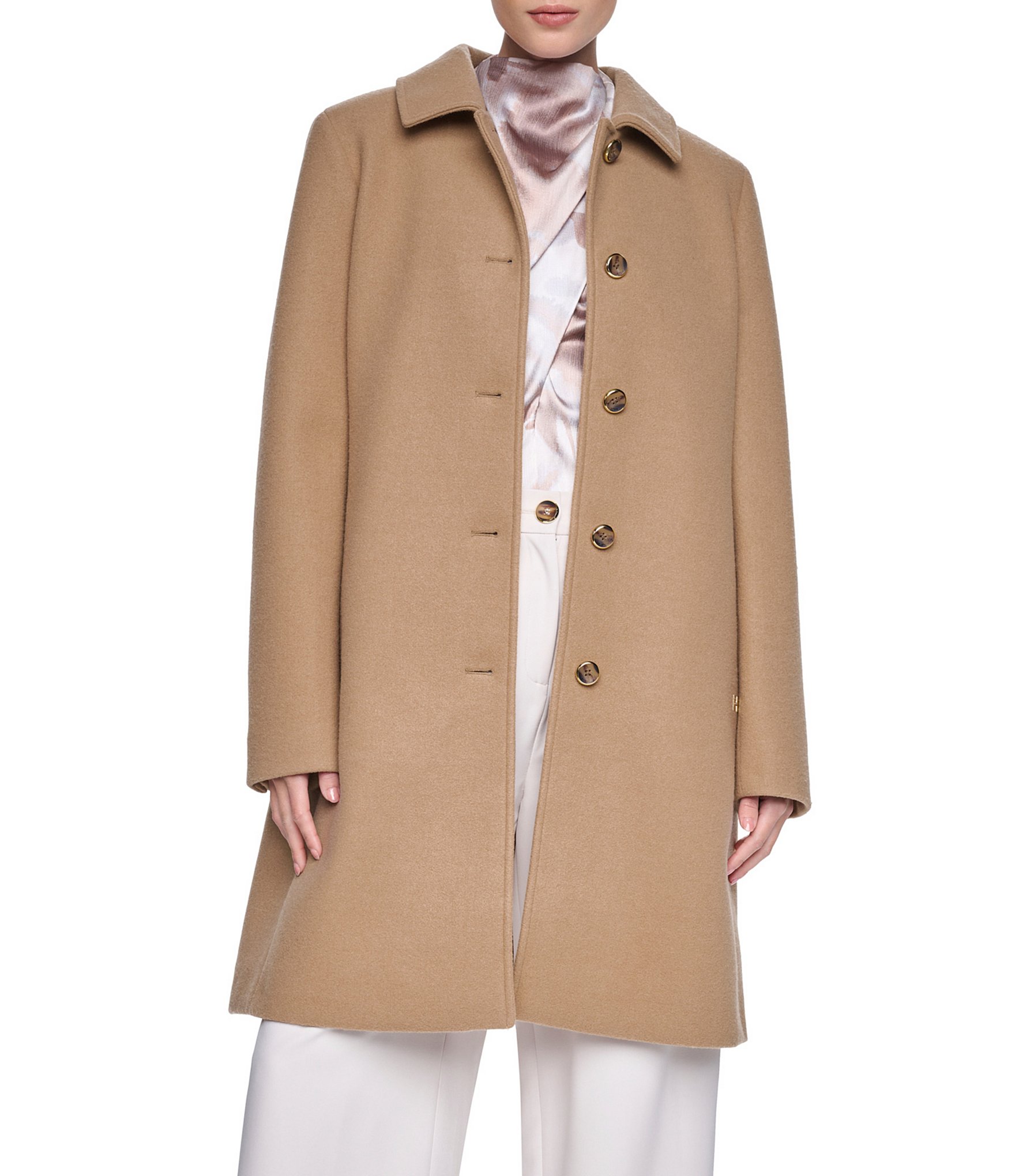 Halston Petite Size Wool Blend Point Collar Long Sleeves Single Breasted Walker Coat