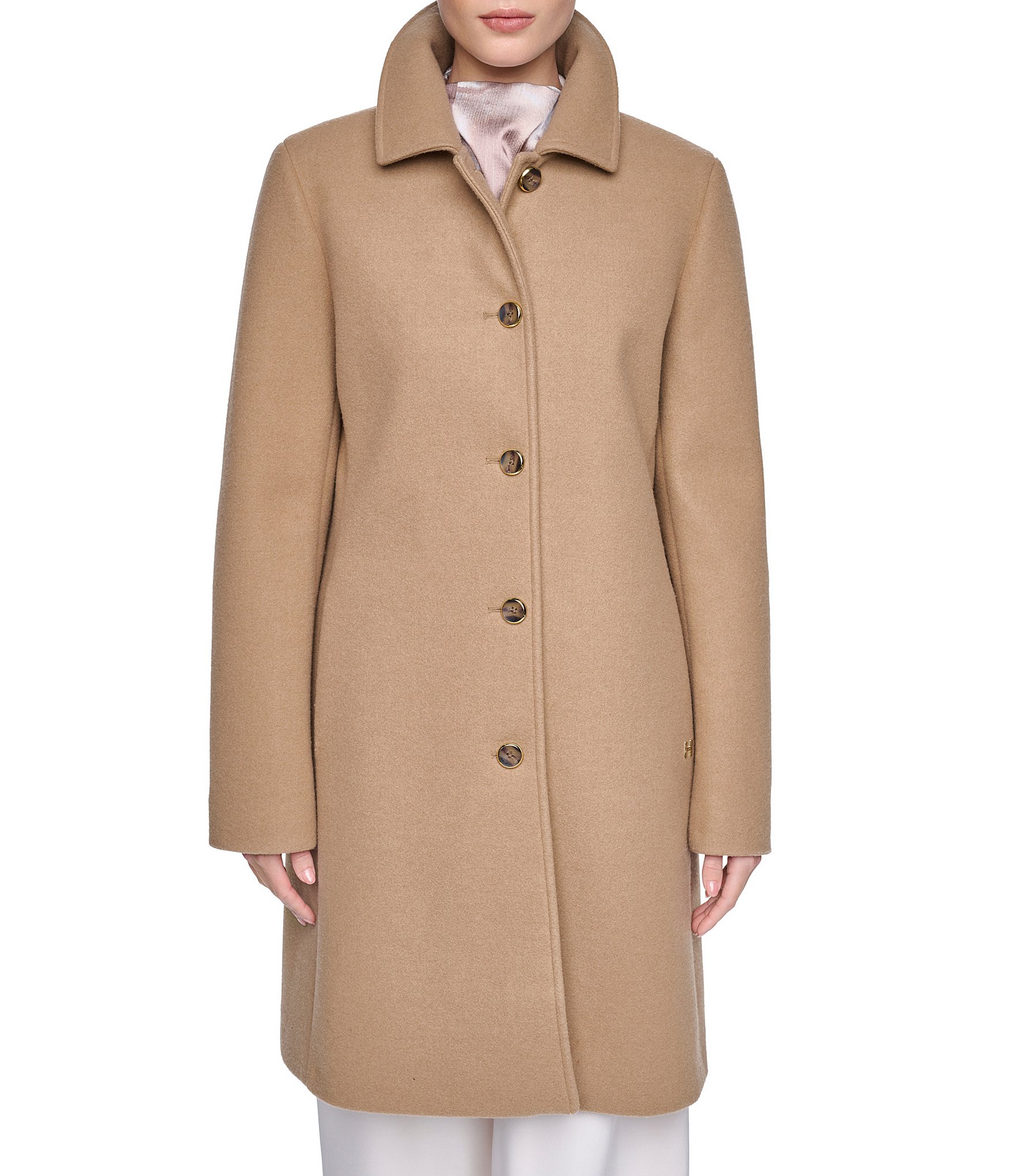 Halston Petite Size Wool Blend Point Collar Long Sleeves Single Breasted Walker Coat