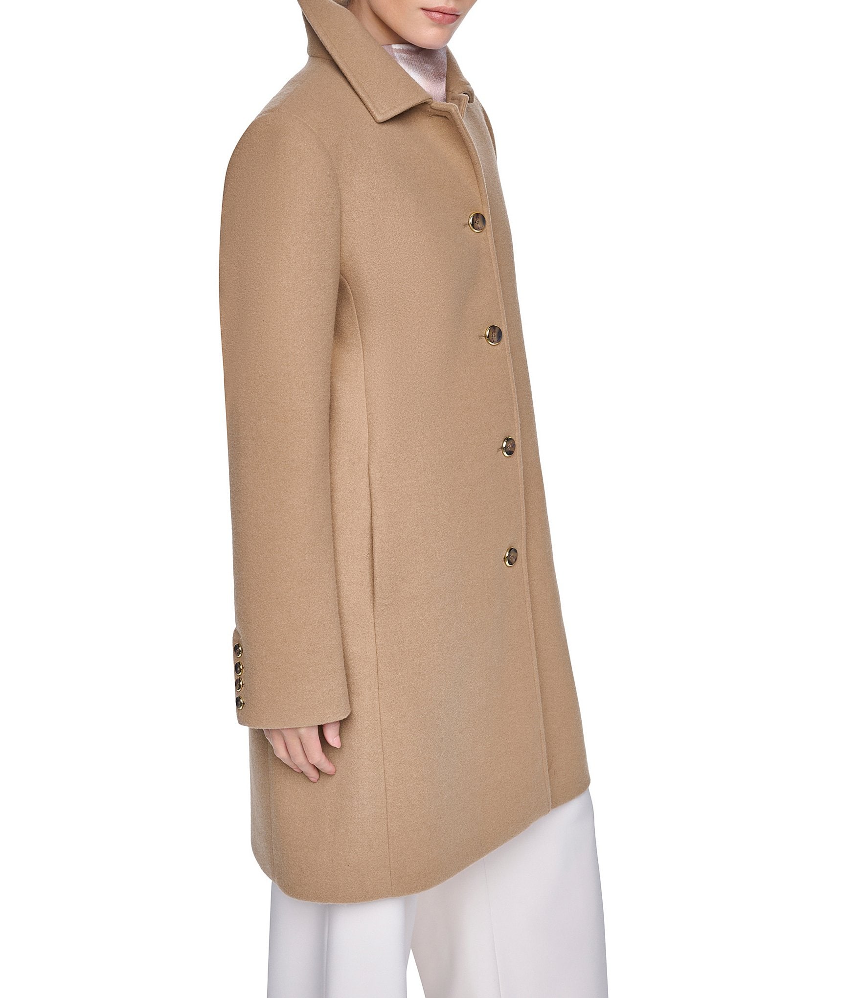 Halston Petite Size Wool Blend Point Collar Long Sleeves Single Breasted Walker Coat