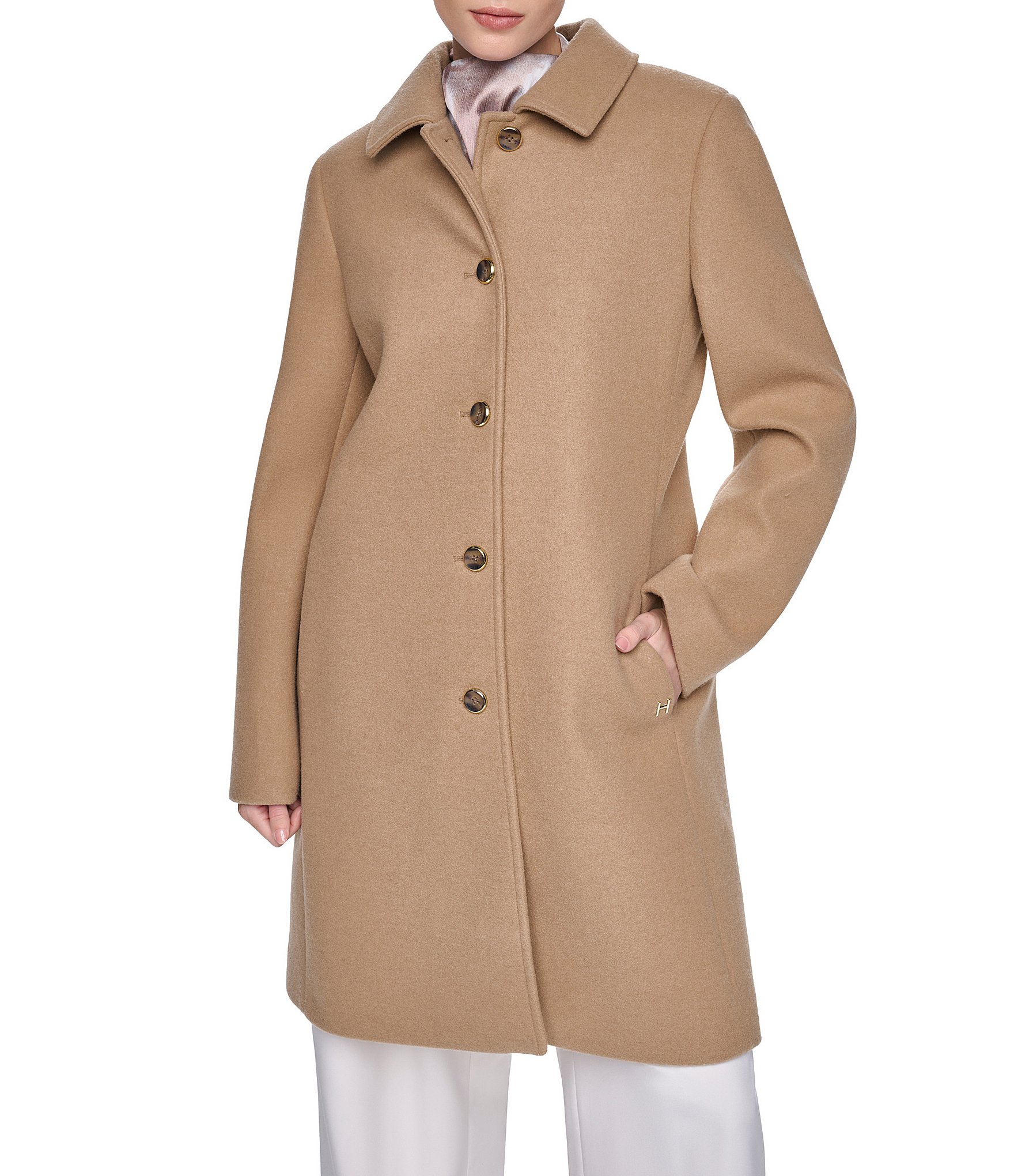 Halston Petite Size Wool Blend Point Collar Long Sleeves Single Breasted Walker Coat