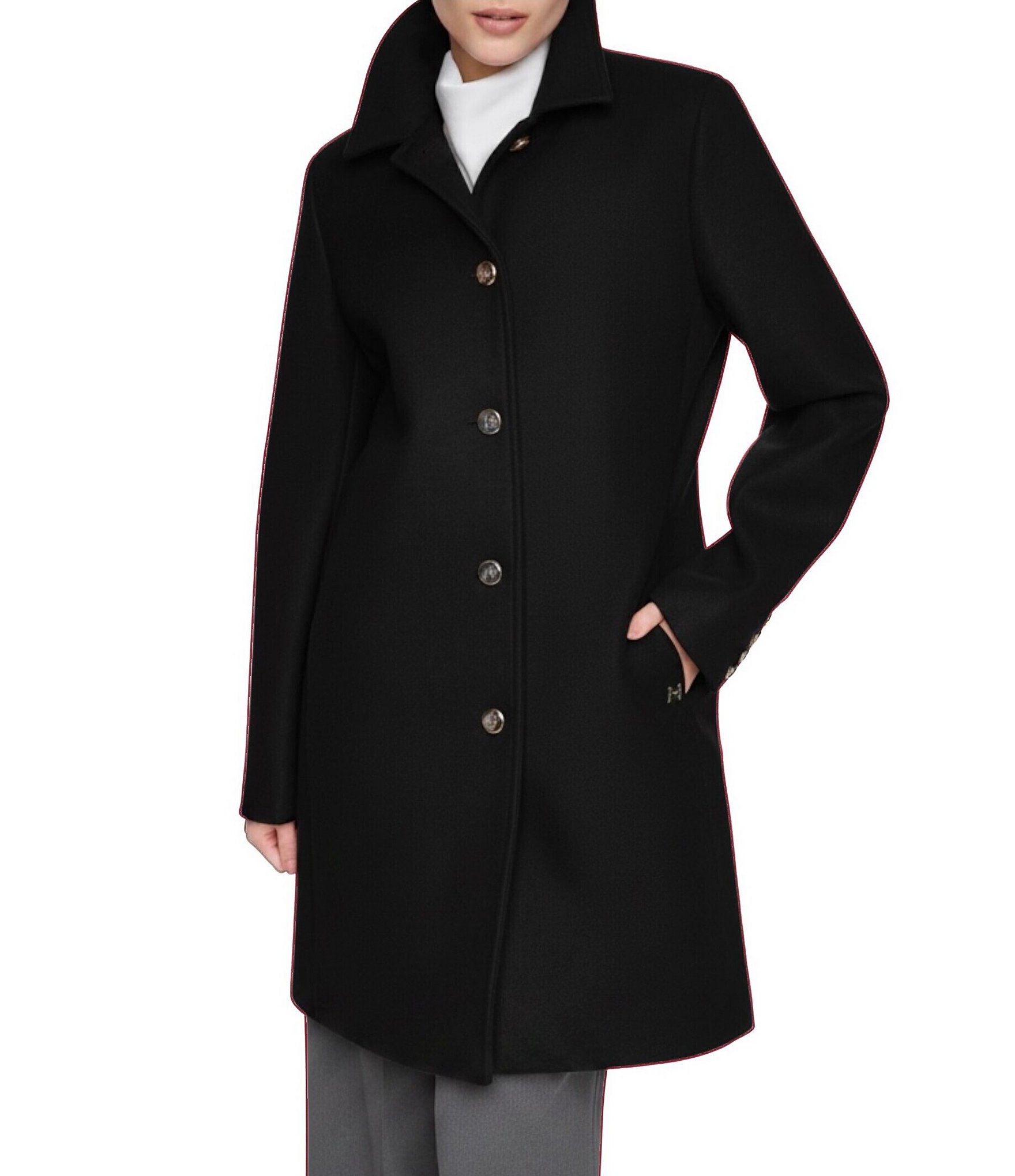 Halston Petite Size Wool Blend Point Collar Long Sleeves Single Breasted Walker Coat