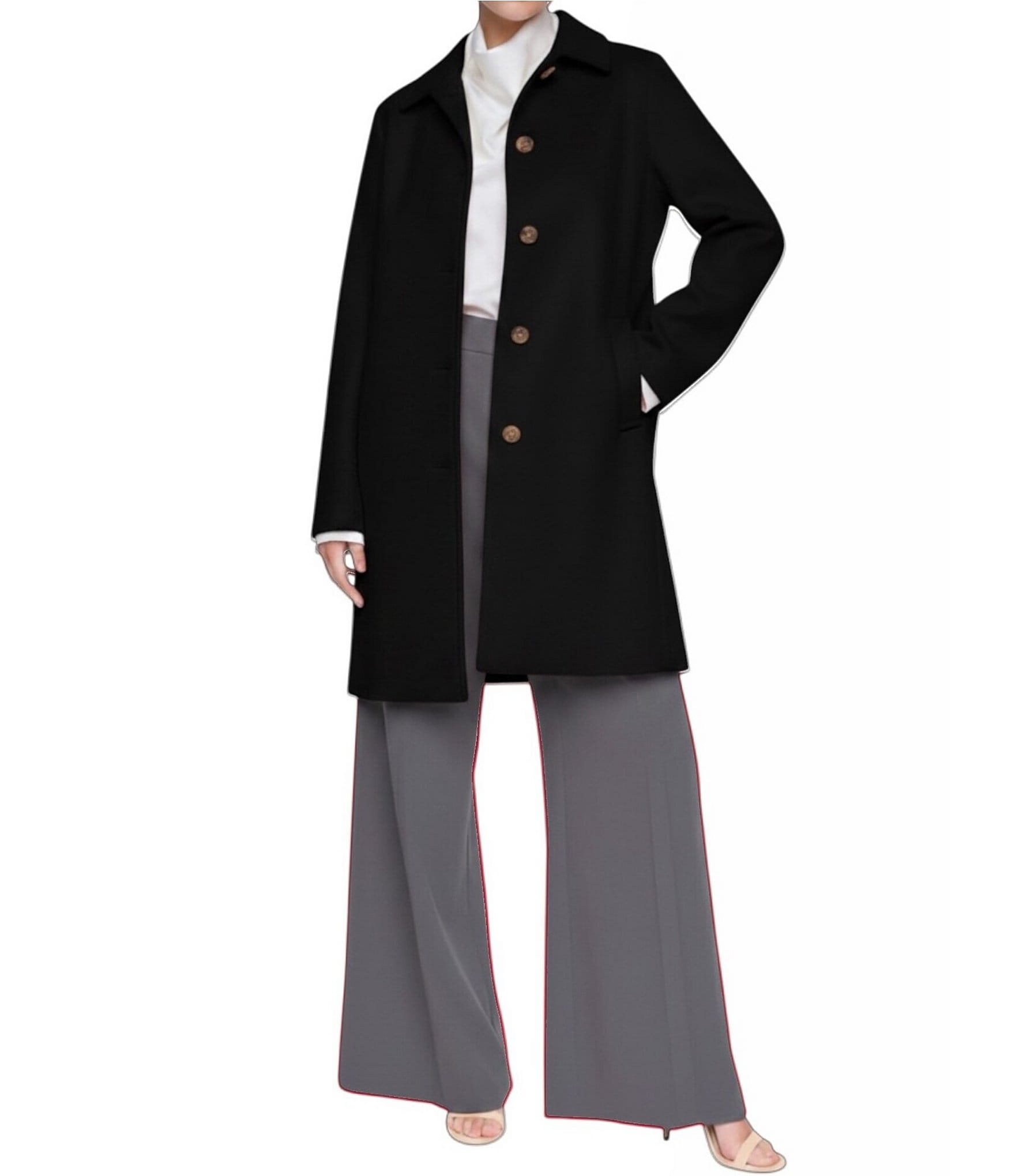 Halston Petite Size Wool Blend Point Collar Long Sleeves Single Breasted Walker Coat