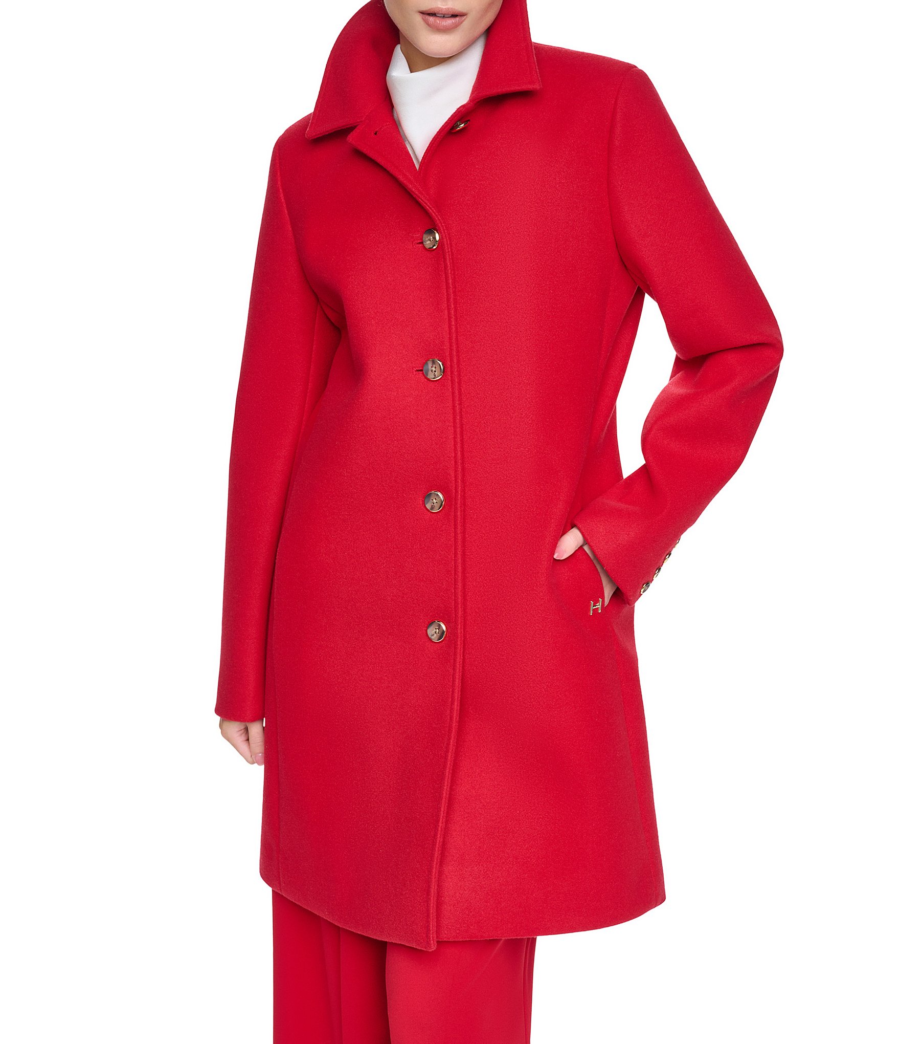 Halston Petite Size Wool Blend Point Collar Long Sleeves Single Breasted Walker Coat