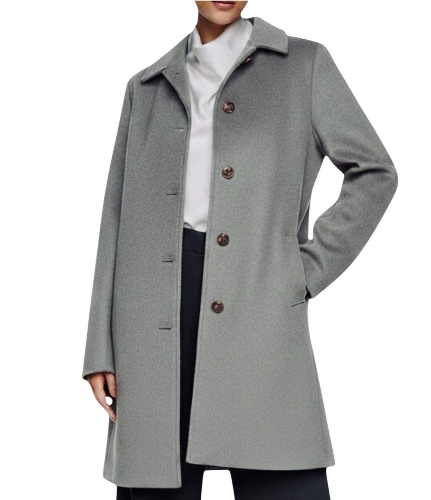 Halston Petite Size Wool Blend Point Collar Long Sleeves Single Breasted Walker Coat