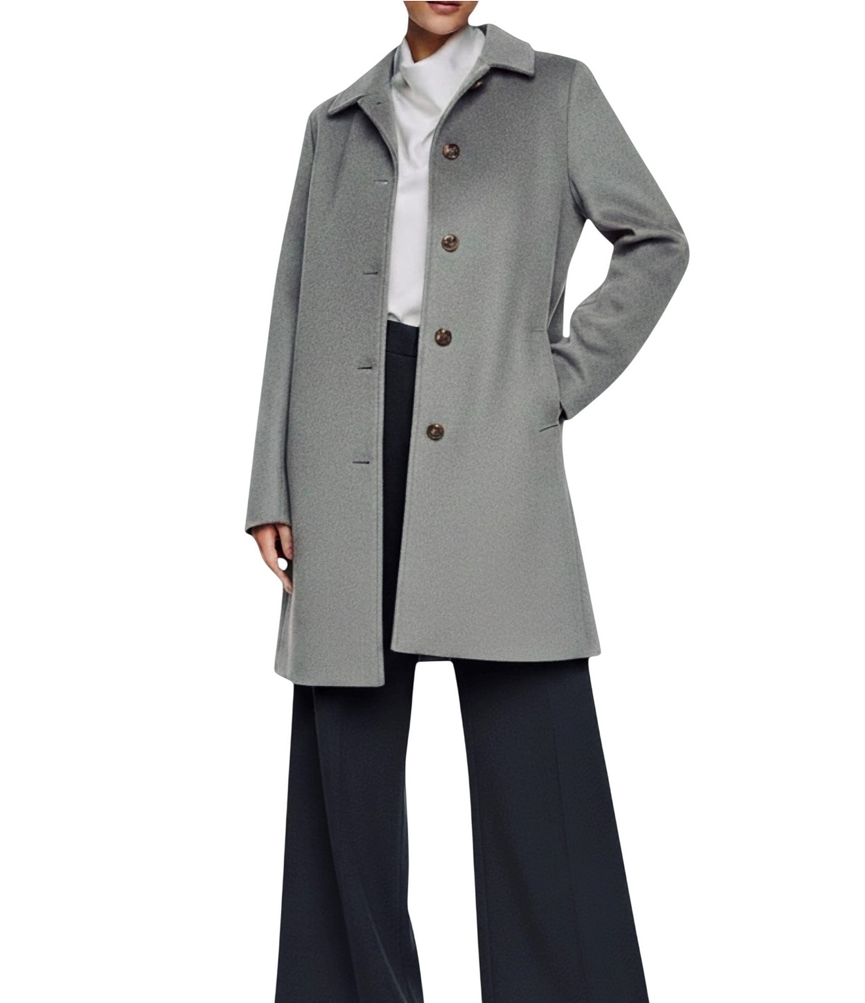 Halston Petite Size Wool Blend Point Collar Long Sleeves Single Breasted Walker Coat