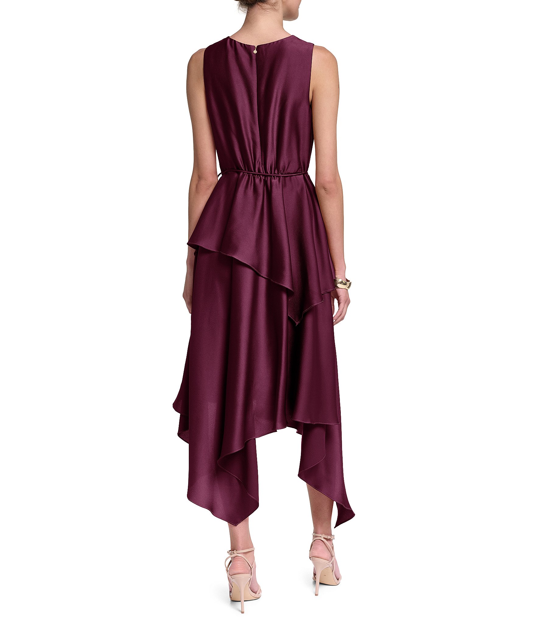 Halston Satin Keyhole Tiered Skirt Midi Dress