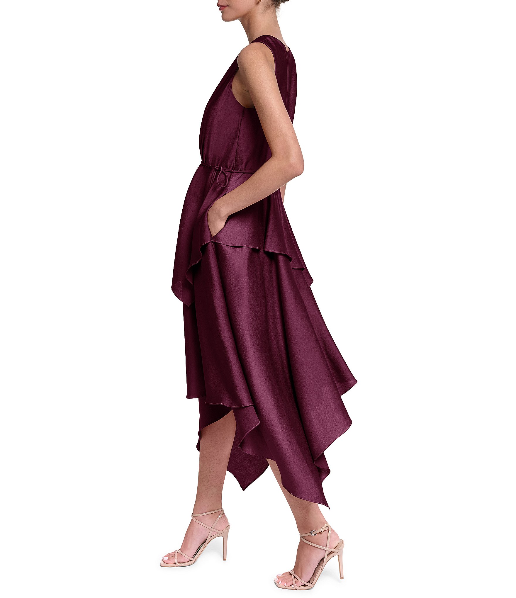 Halston Satin Keyhole Tiered Skirt Midi Dress
