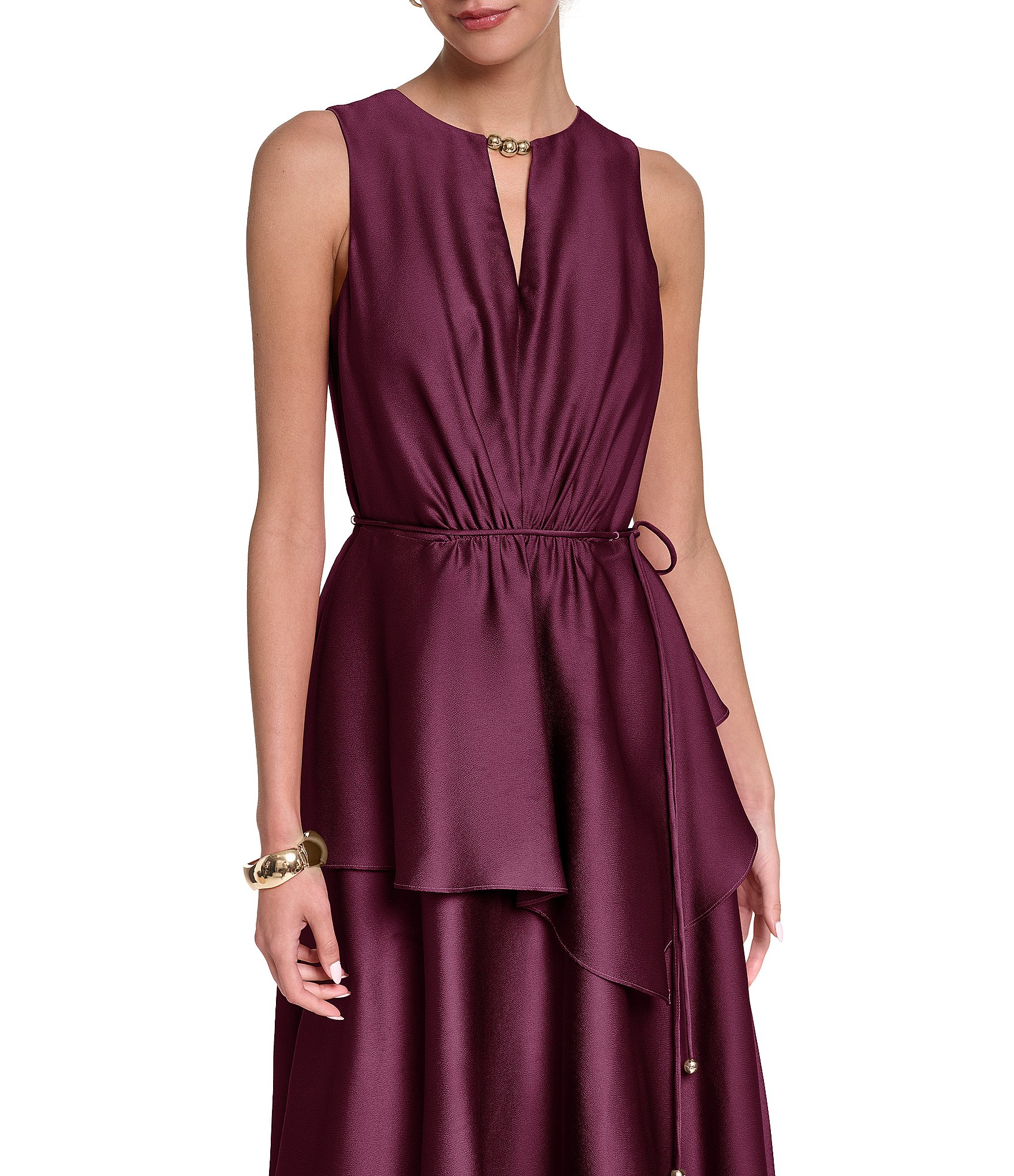 Halston Satin Keyhole Tiered Skirt Midi Dress