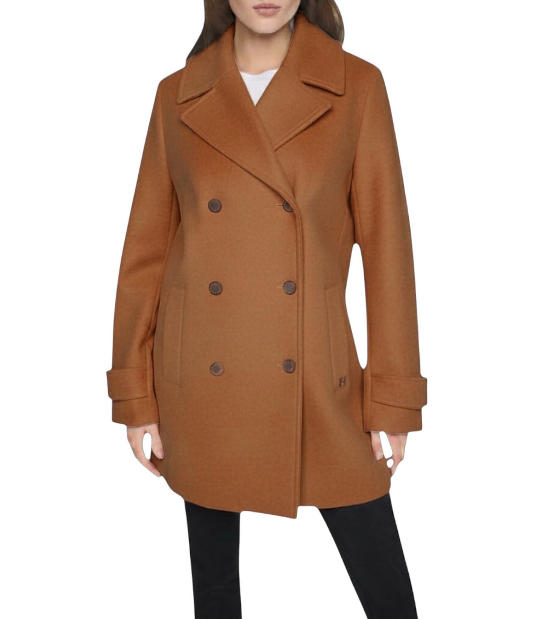Halston Wool Blend Botch Double Breasted Peacoat