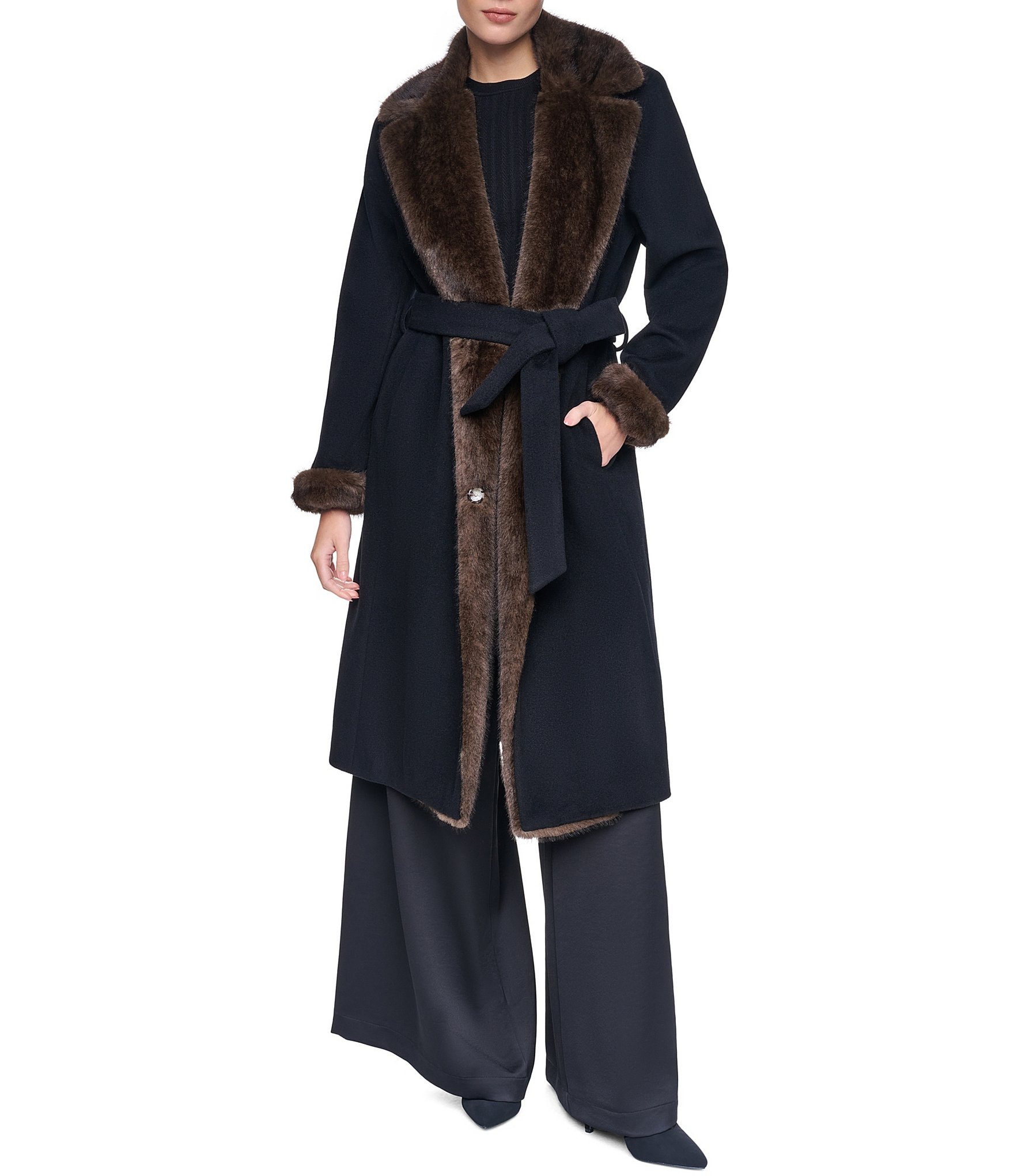 Halston Wool Blend Faux Fur Trim Notch Collar Belted Wrap Coat