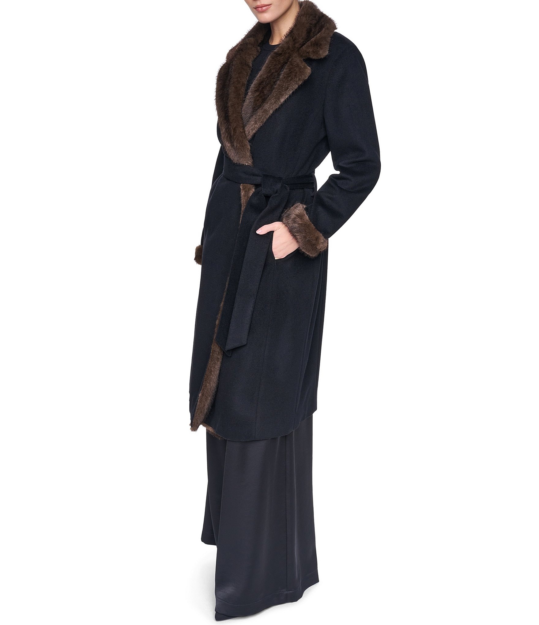 Halston Wool Blend Faux Fur Trim Notch Collar Belted Wrap Coat