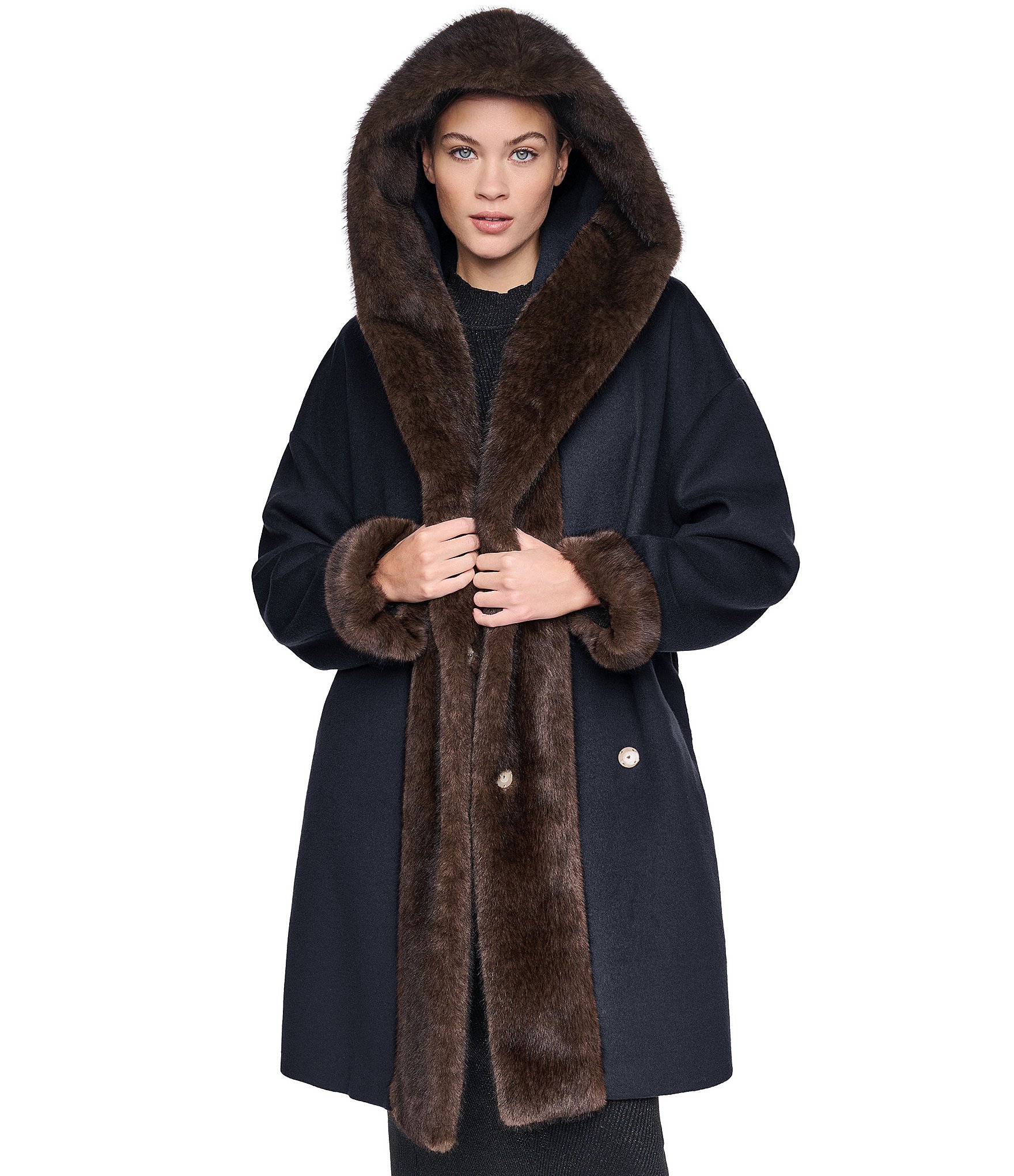 Halston Wool Blended Faux Fur Hooded Belted Wrap Coat