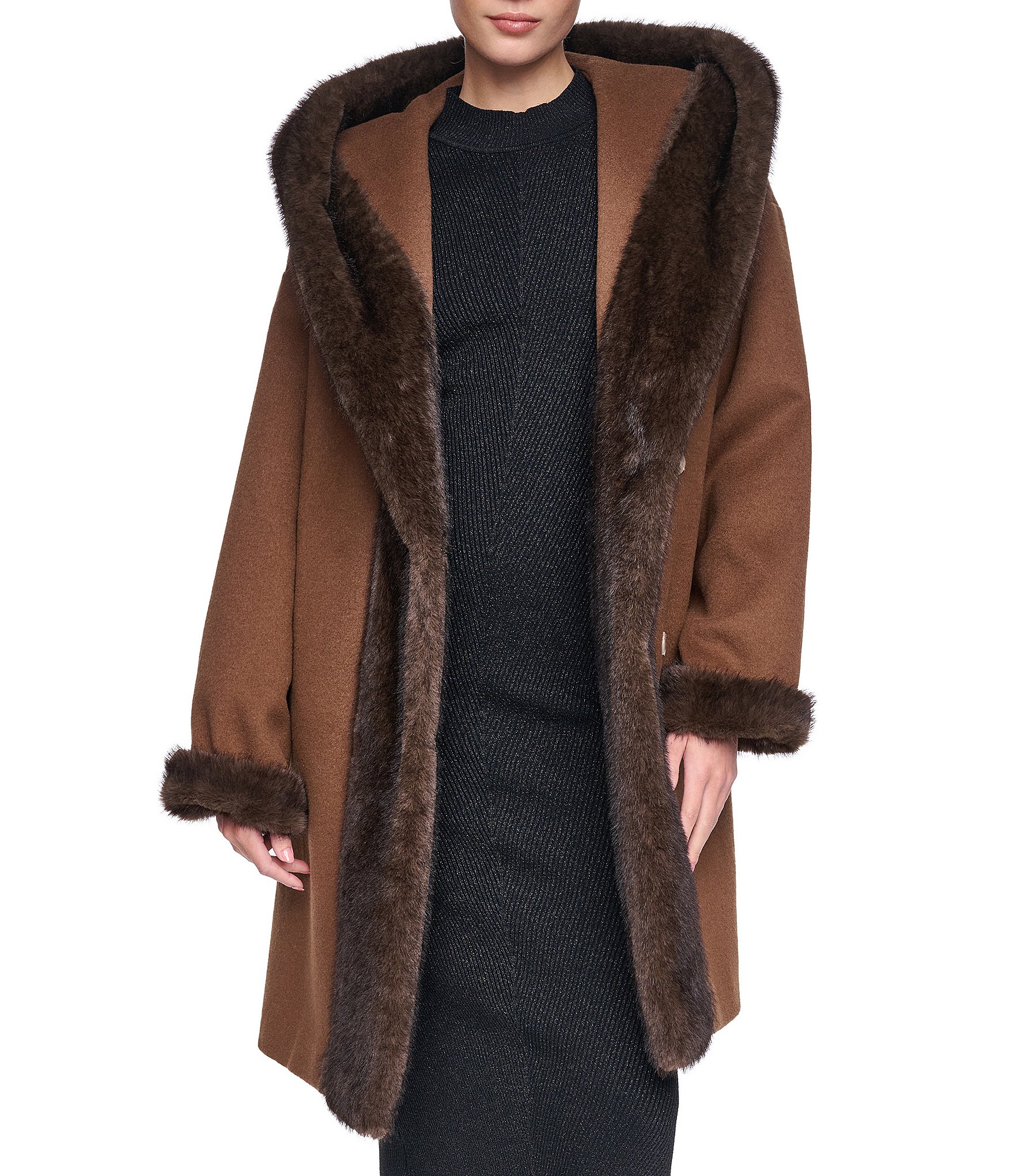 Halston Wool Blended Faux Fur Hooded Belted Wrap Coat
