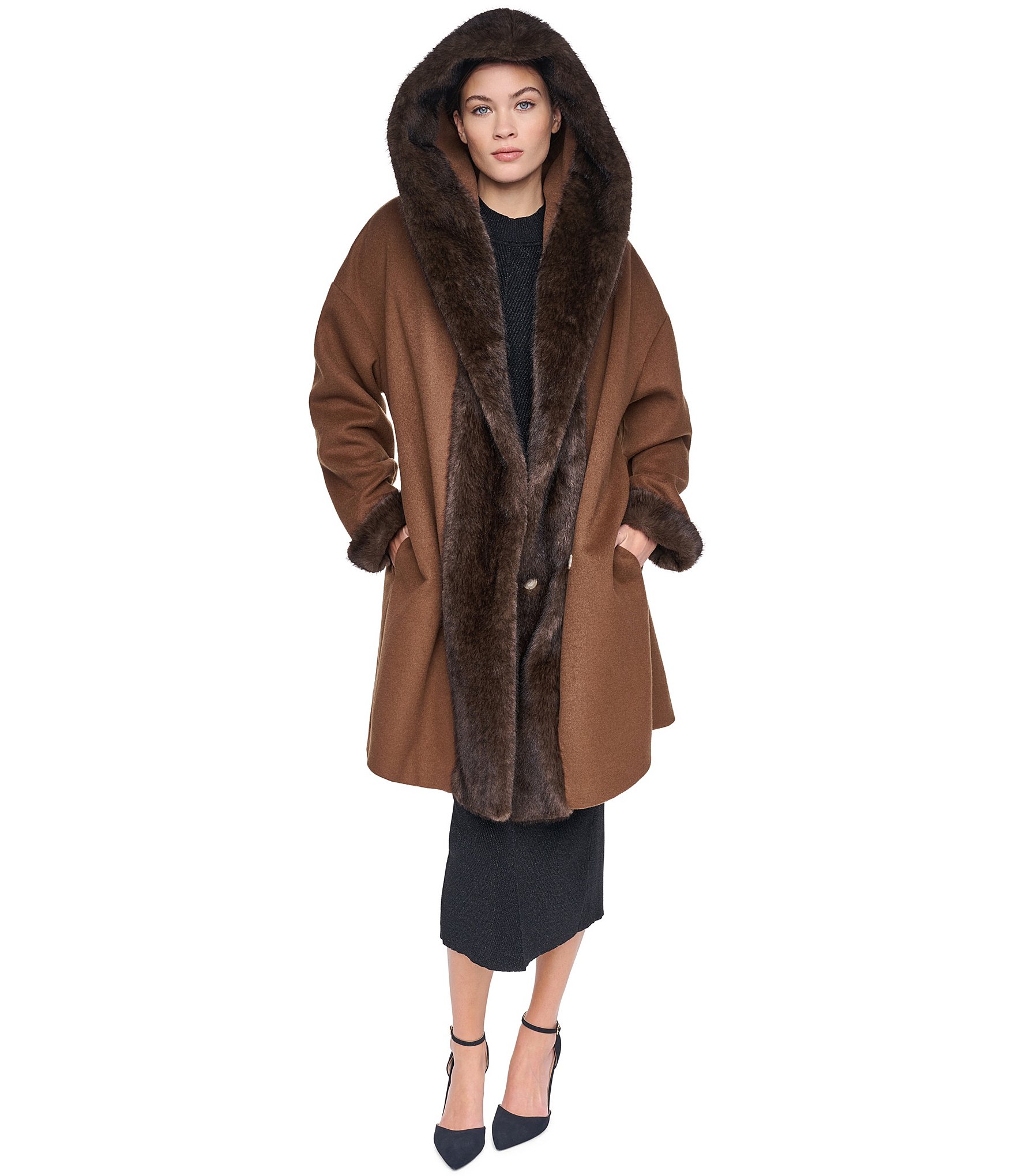 Halston Wool Blended Faux Fur Hooded Belted Wrap Coat
