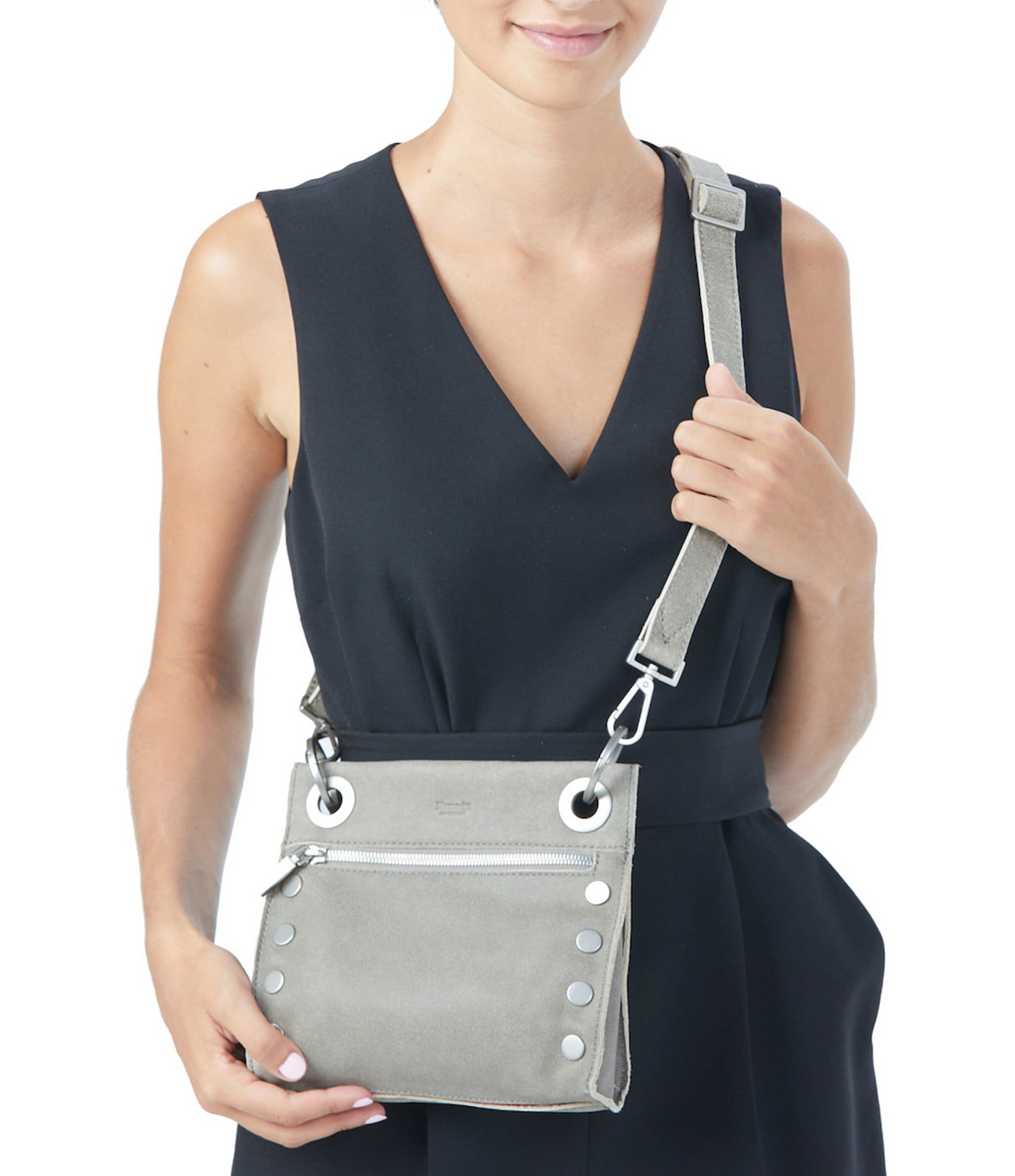 Hammitt Tony Grommet Studded Pewter Leather Crossbody Bag