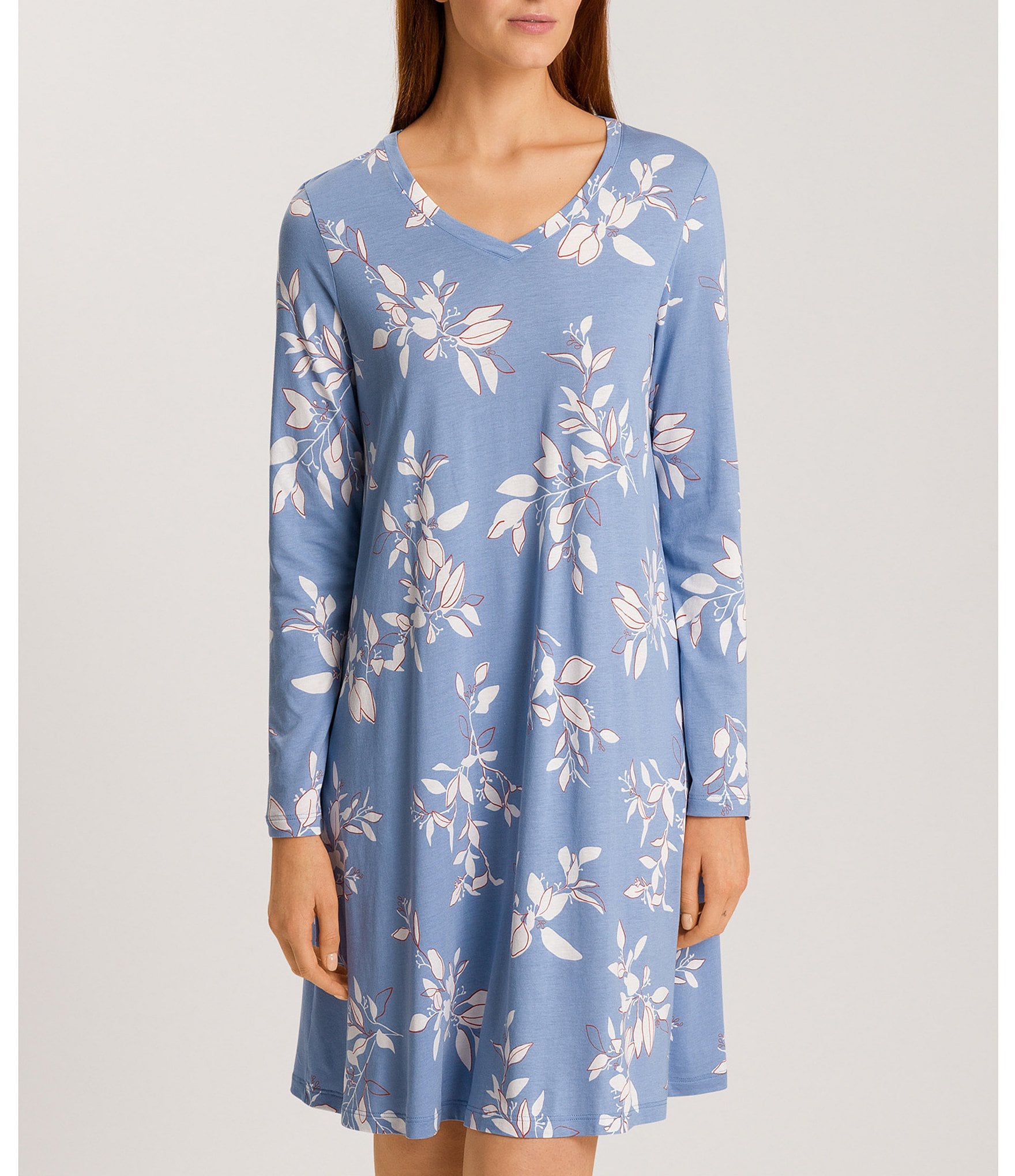 Hanro Floral Jersey Knit Long Sleeve V-Neck Nightgown