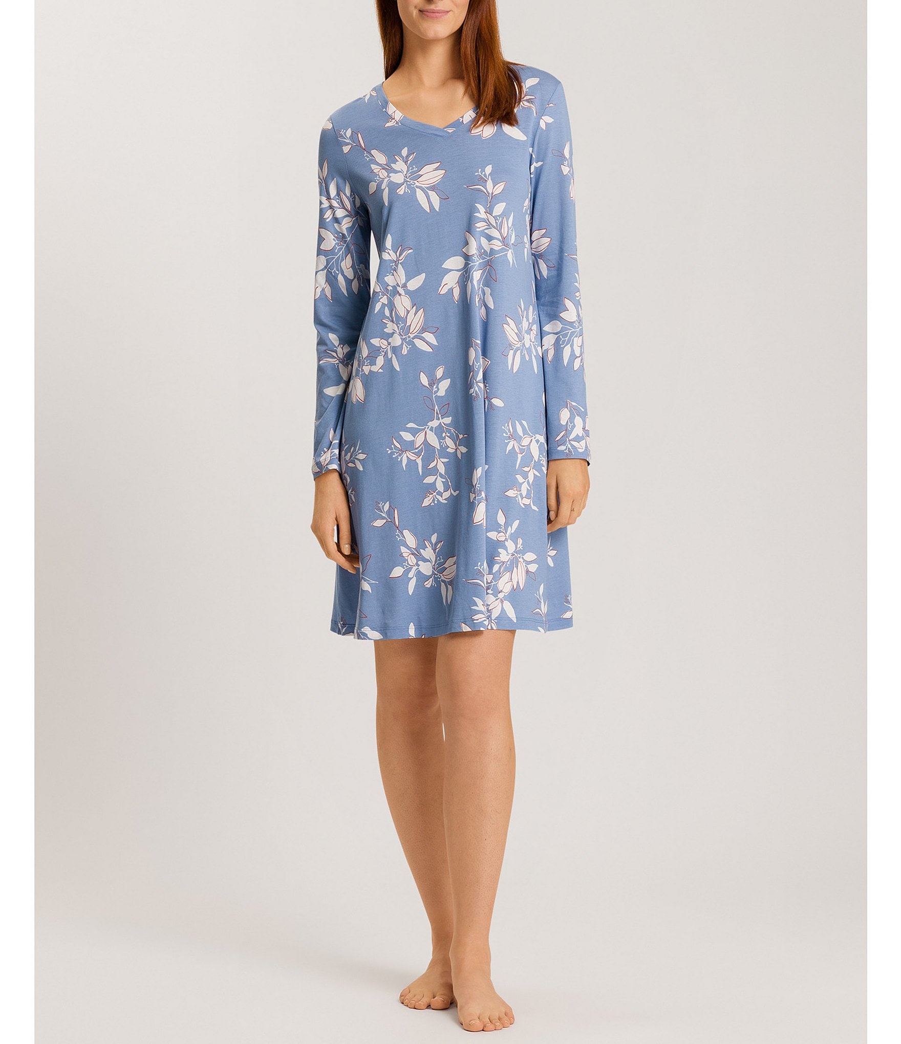 Hanro Floral Jersey Knit Long Sleeve V-Neck Nightgown