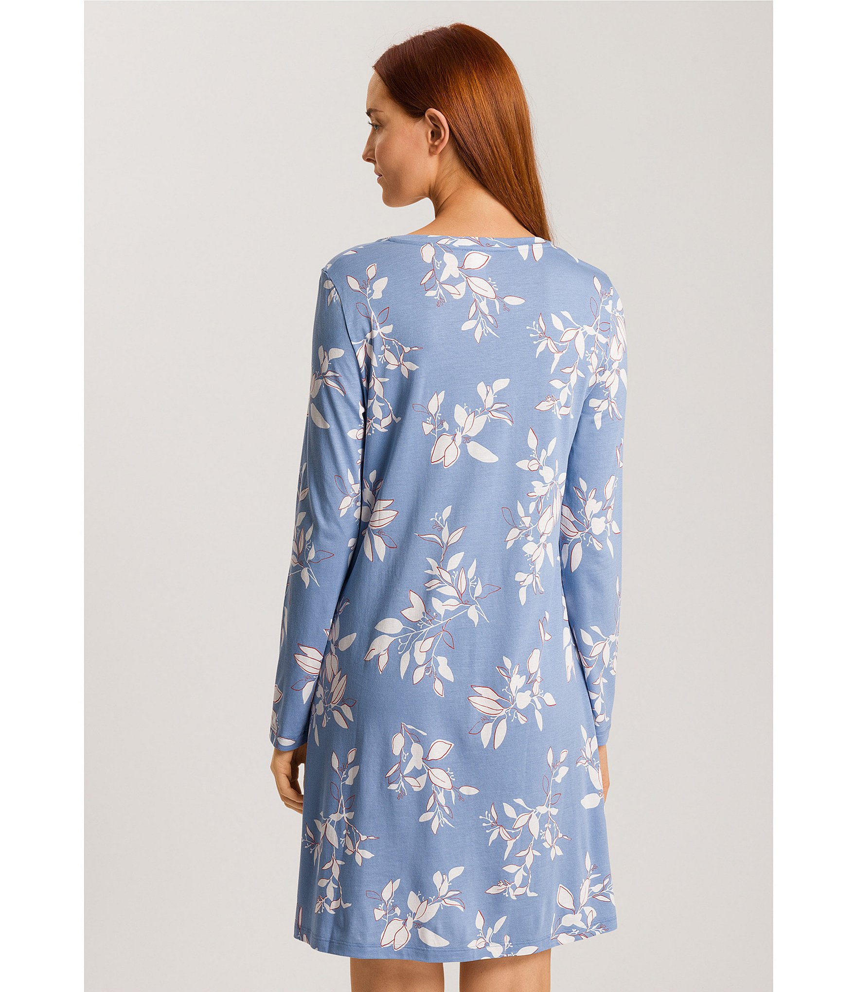 Hanro Floral Jersey Knit Long Sleeve V-Neck Nightgown