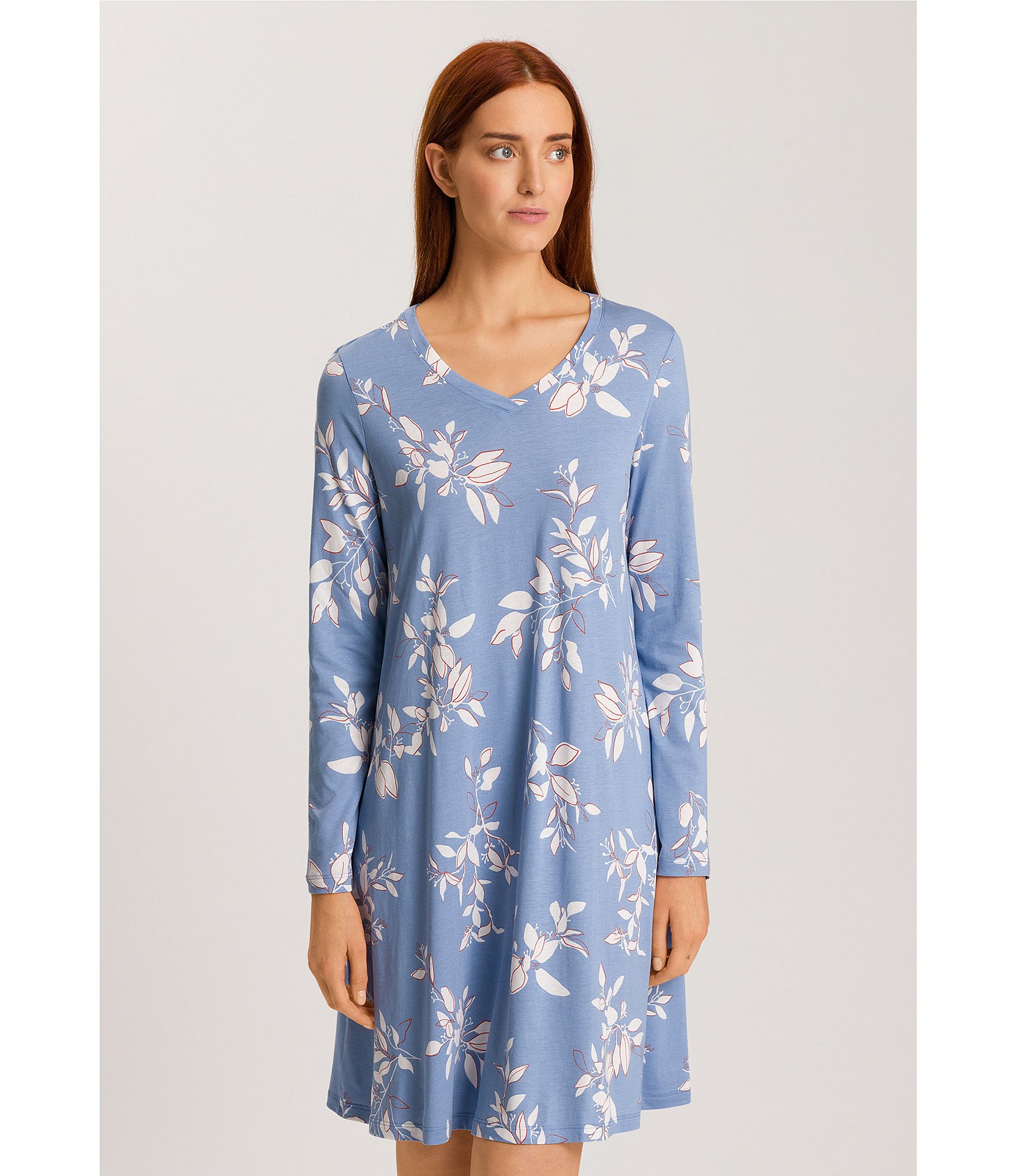 Hanro Floral Jersey Knit Long Sleeve V-Neck Nightgown